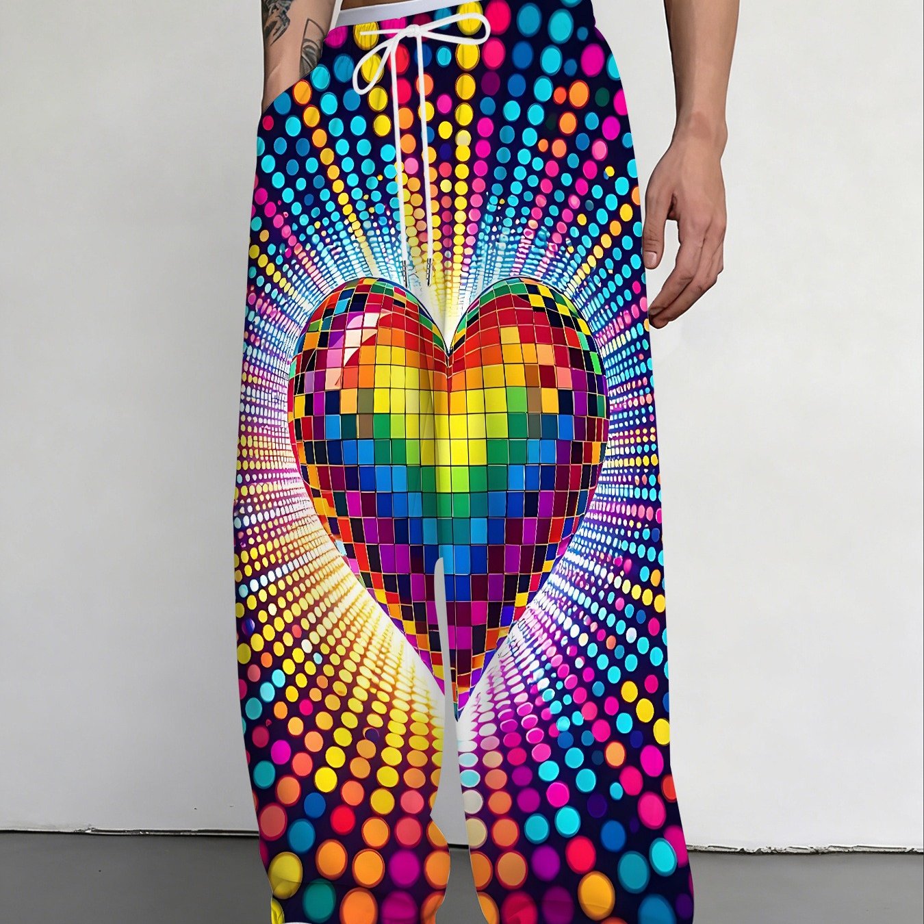TEMU Men's Loose-fit Full-body Disco Print Heart Thunder Straight-leg Dance Pants, Suitable For Nightclub Wear, Machine Washable Casual Clothing