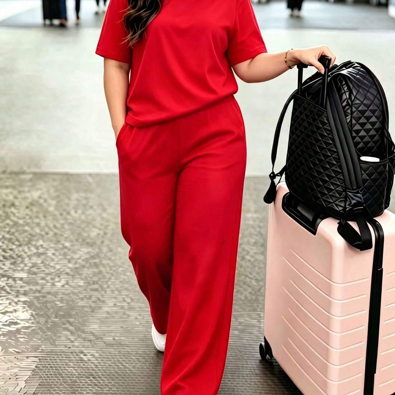 Plus Size Women's Casual Summer Daily Commuting Solid Color Round Neck Short Sleeve Top And High Waist Pocket Wide Leg Pants Set Elegant Red
