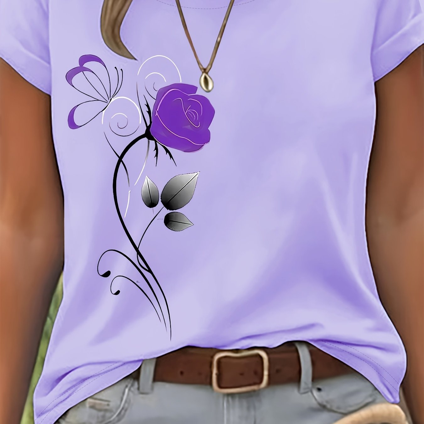 Rose And Pattern Printed Short-sleeve, Regular Fit Round Neck T-shirt, Spring/summer Women's Clothing, Casual Wear, Lightweight And Breathable, Suitable As A Daughters, Birthdays