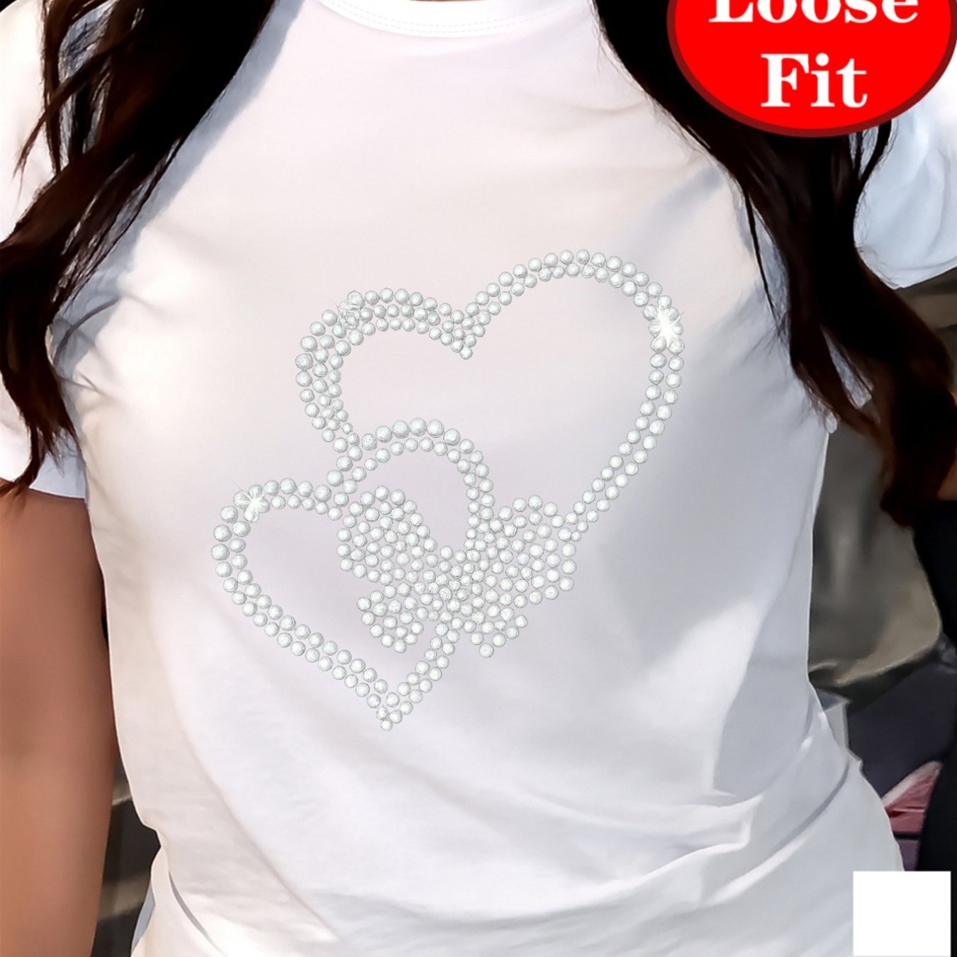 E-shop Perlenherz, Schmuck-Stil Druck, Rundhals Kurzarm T-Shirt, Frühlings Sommer Freizeit Top, Damenmode in großen Größen