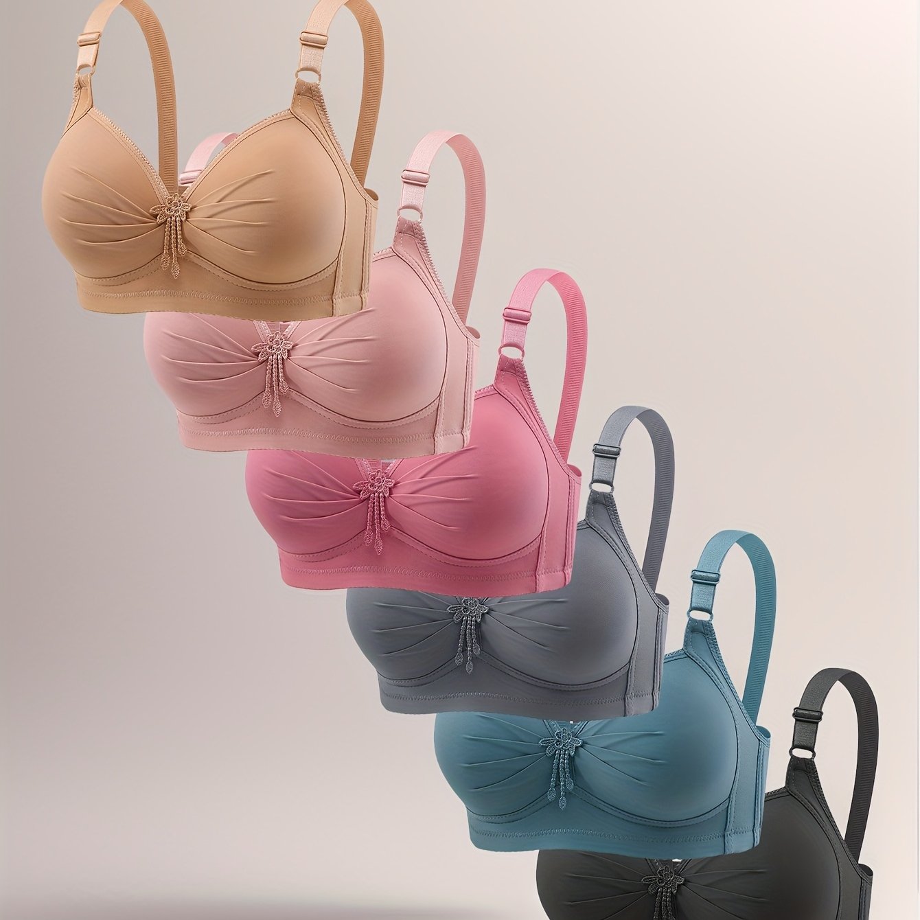 TEMU 6pcs Women's Wire-free Back-closure Bras With Adjustable Wide Straps & Decorative - & , 6 Colors (, Pink