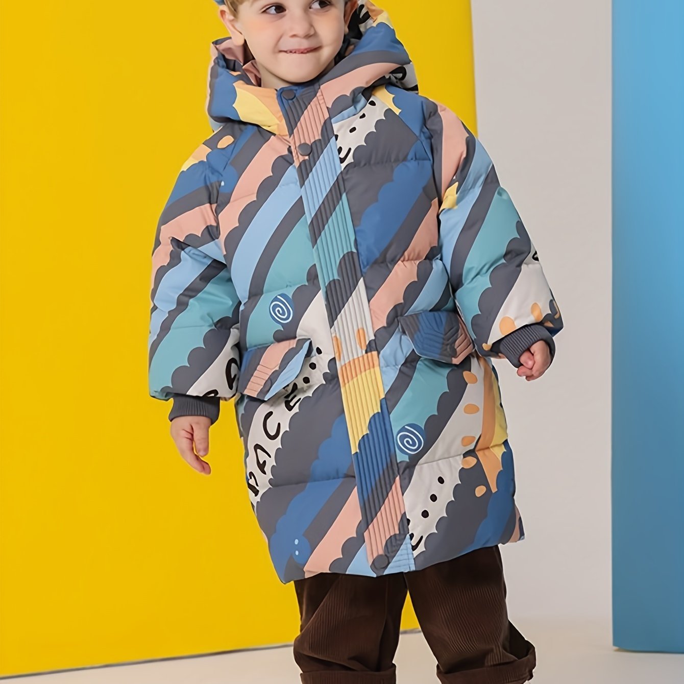 New Children's Padded Coat For Boys And Girls, Mid-length, For Toddlers And Young Children, Printed Hooded Winter Thickened -lined Outerwear, Stylish Top