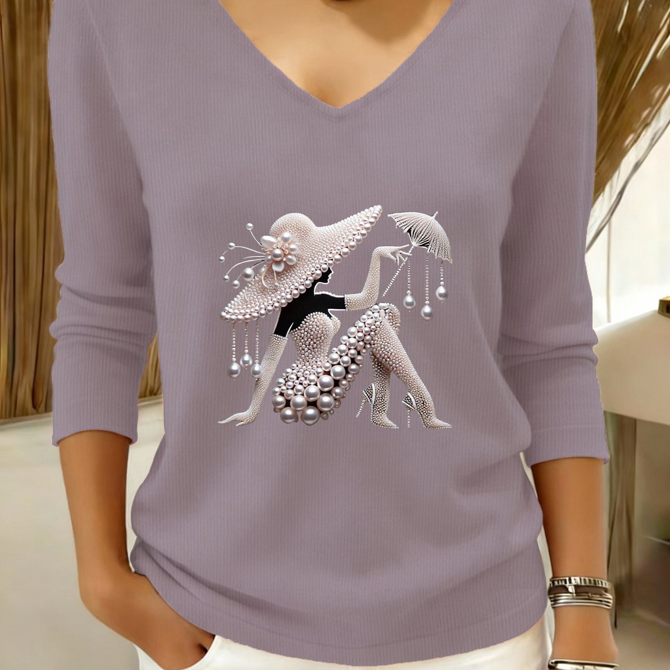 TEMU Women's Casual Sweater - Long Sleeve Loose V-neck Pullover, Slightly Stretchy Comfortable Top, Textured Design, Durable Fabric, Fashionable