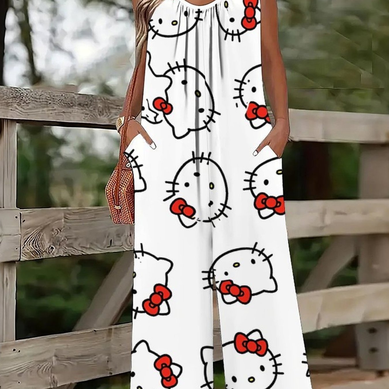 Image of Women's Fashion Casual Cartoon Kuromi Print Suspender Casual Sleeveless Pocket Jumpsuit