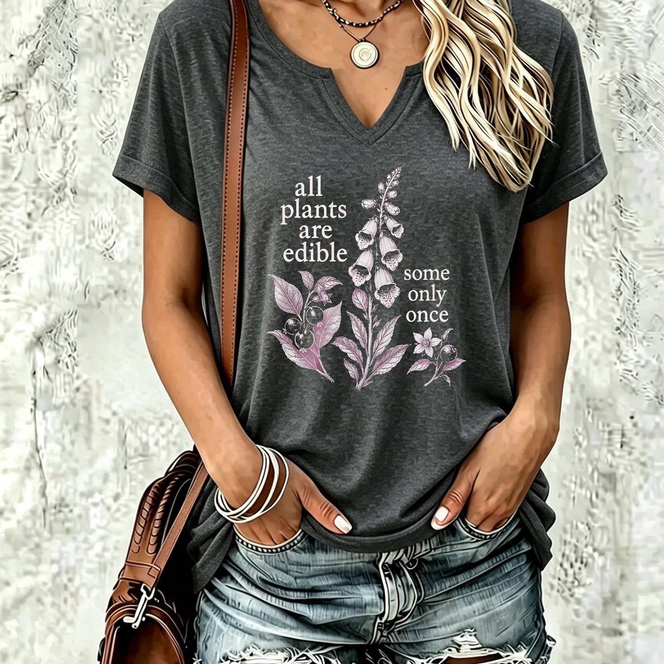 TEMU Women's Summer Notch V-neck Short Sleeve T-shirt, All Plants Are Edible Vintage Floral Graphic Tee, Loose Tops, Funny Gardener Quote Printed