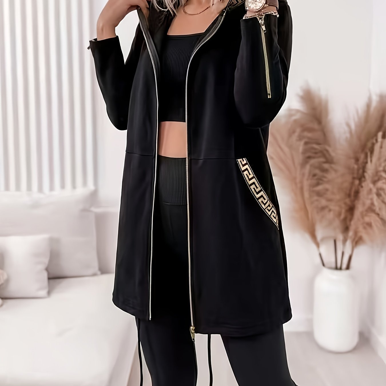 TEMU Plus Size Women's Jacket, Golden Zipper Decoration, Contrast Webbing. Fashionable Autumn/winter Casual Sweatshirt Jacket