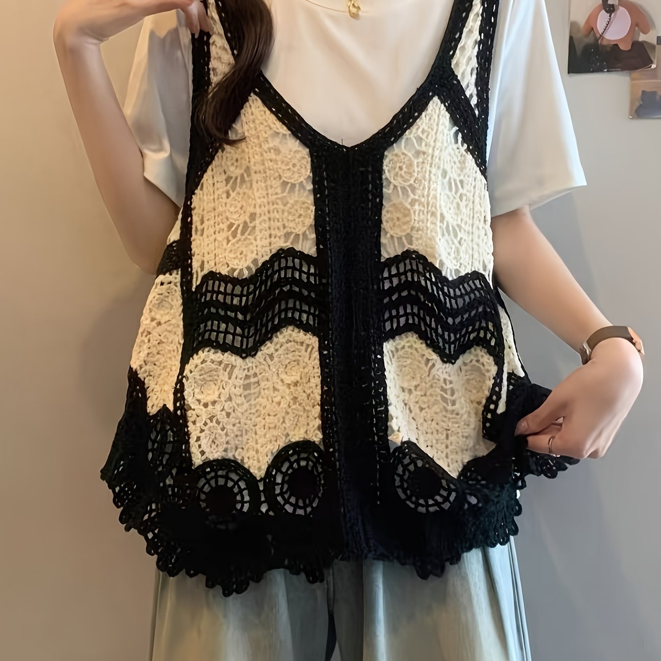 TEMU レディース ホローアウト クロシェタンクトップ アウター 夏用半袖レイヤードトップ エスニックデザイン ベスト 春夏 日常着 通勤 デート ショッピング 多シーン対応
