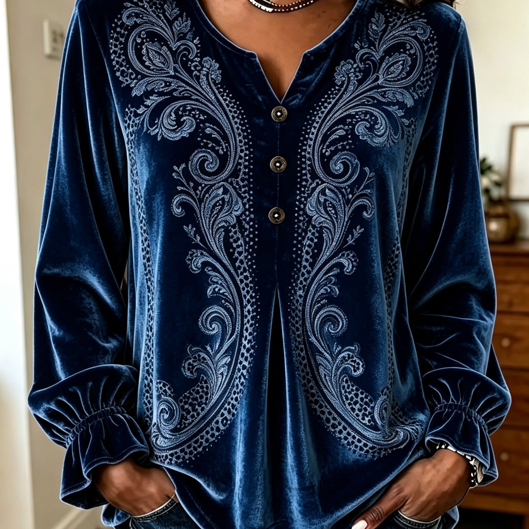 Image of Plus Size - Women's Vintage Paisley Printed Autumn V-neck Three-button Long Velvet Top, Large Size Women's Top, Ruffle Cuffs