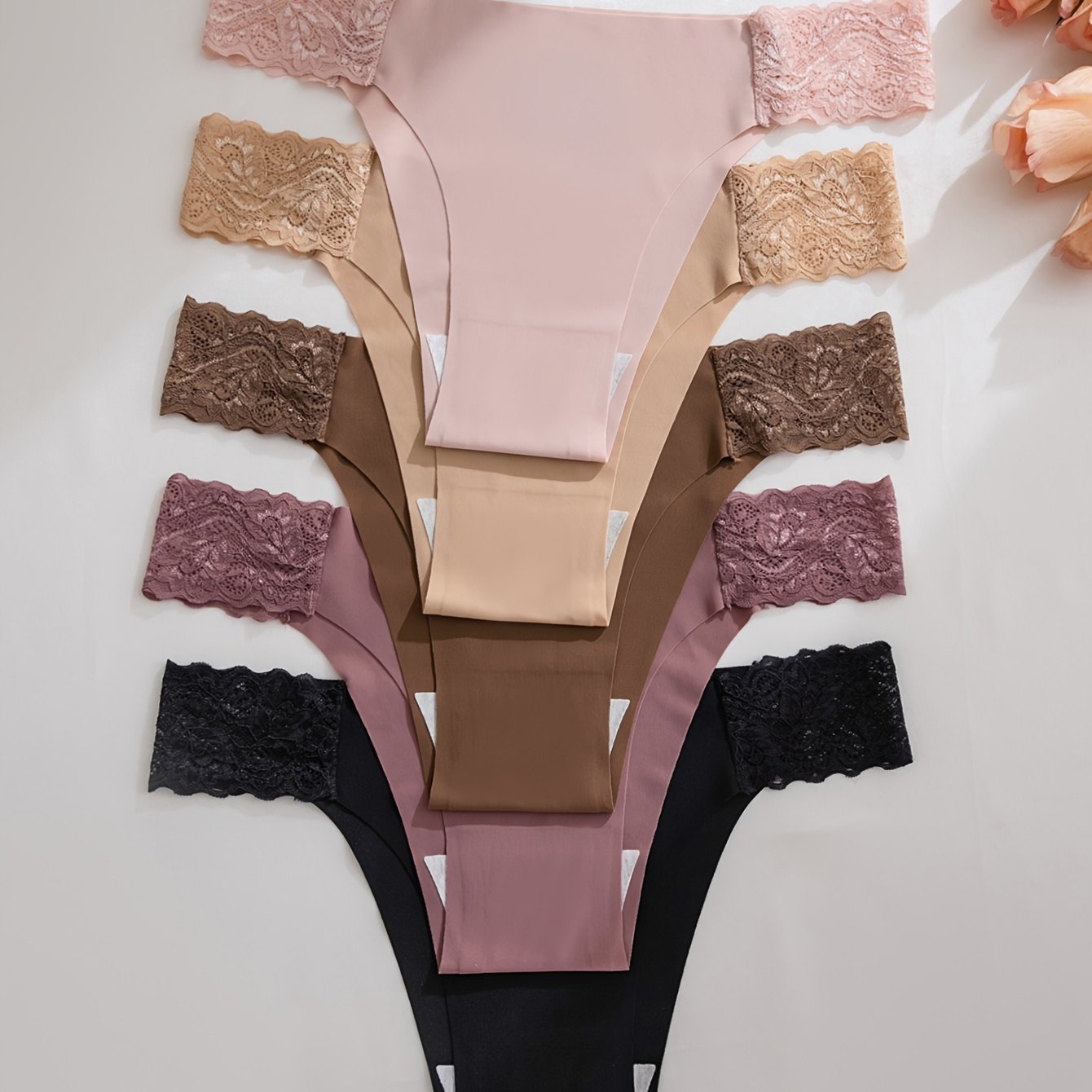 TEMU Set Of 5 Women's Panties In Colors, Featuring Sexy Lace Stitching, , Breathable, Thin, And Seamless