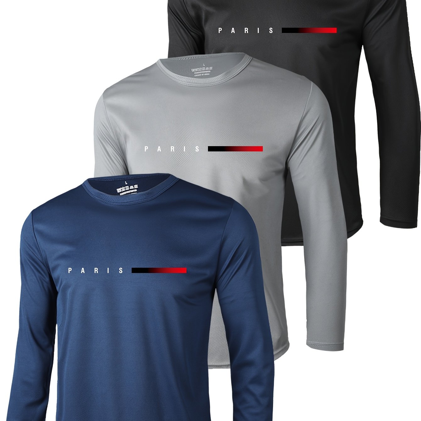3-pack Men's Long-sleeve T-shirts, Breathable And Quick-drying, Crew Neck, Medium Stretch, Printed, Regular Fit, Ideal For Gym Workouts, Morning Runs, Outdoor Activities, Comfortable Everyday Wear