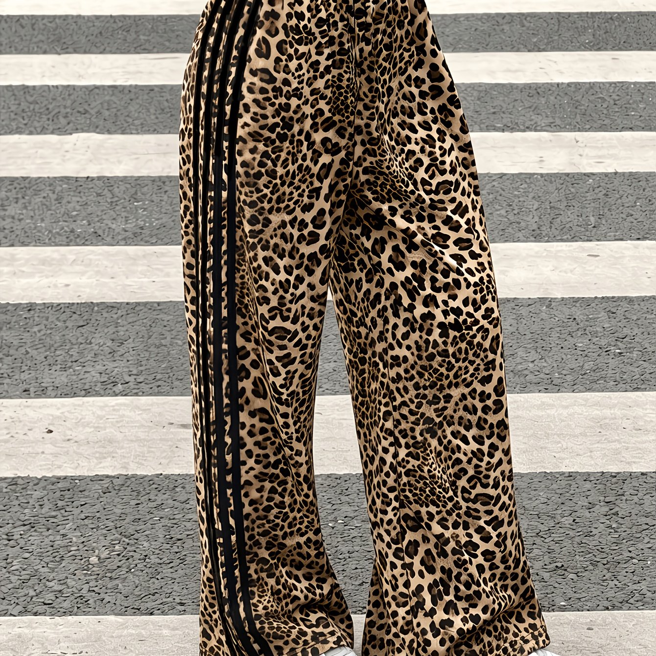 TEMU Plus Size Women's Full Leopard Print With Stripes Color-block Casual Long Pants, Fashionable, Loose Fit, Suitable For Outdoor Leisure, ,