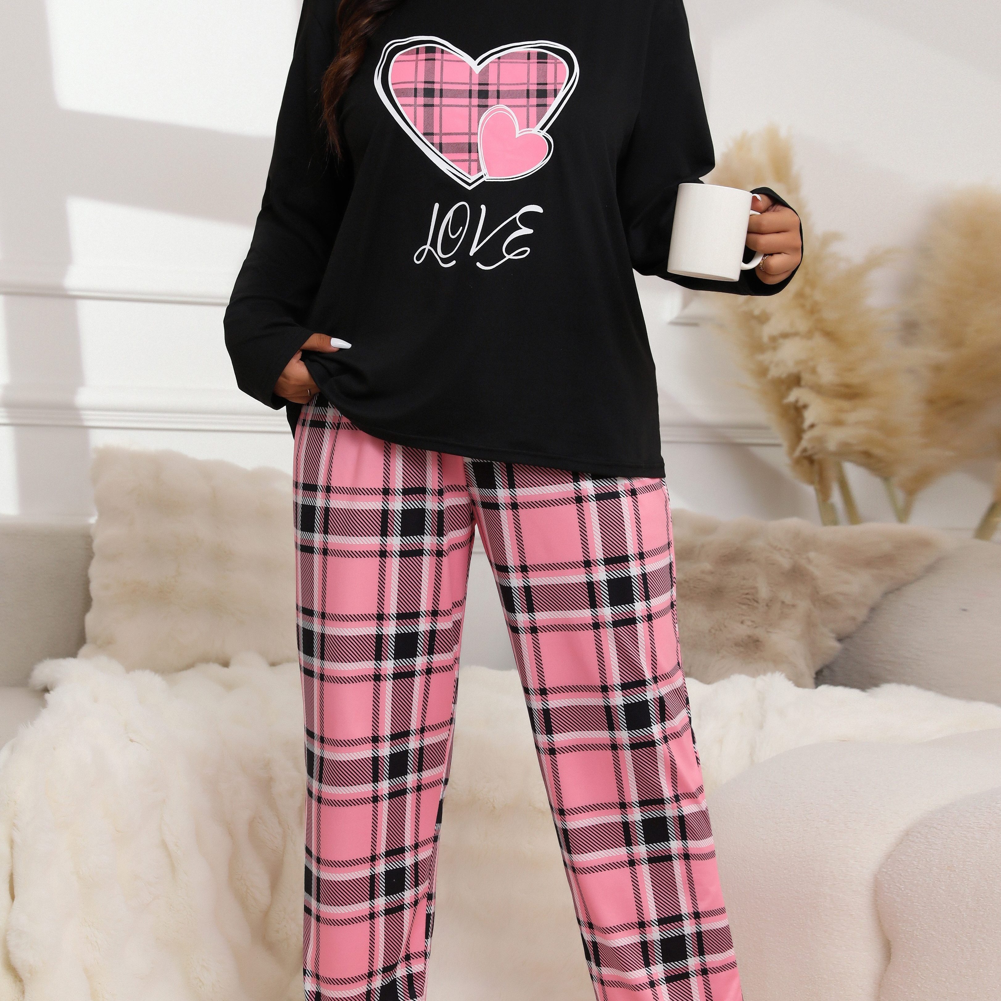 Plus Size Heart Print Long Sleeve With Bow Accent Pants Pajama Set, Wearable Plus Size Comfortable Loungewear