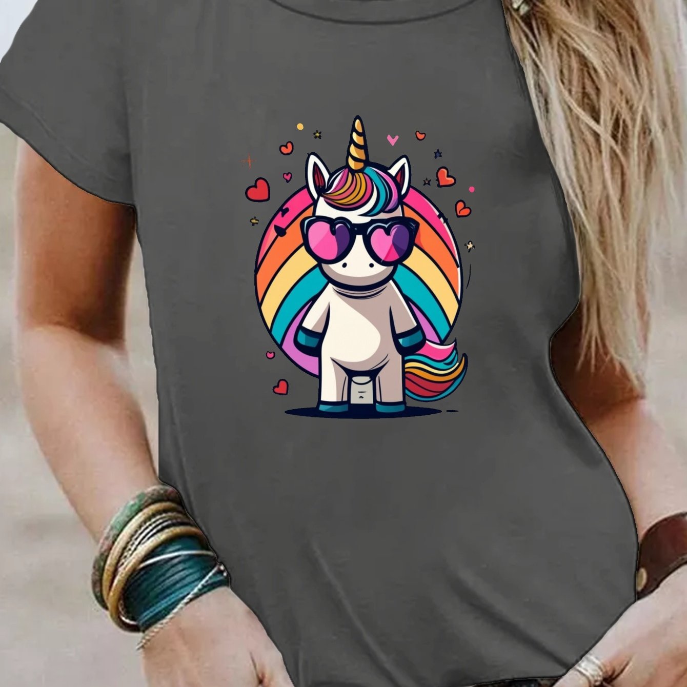 TEMU Women's Unicorn With Fashion Glasses T-shirt - Short Sleeve Crew Neck Casual Top, Cute Magical Horse Print Blouse For Spring Summer Casual