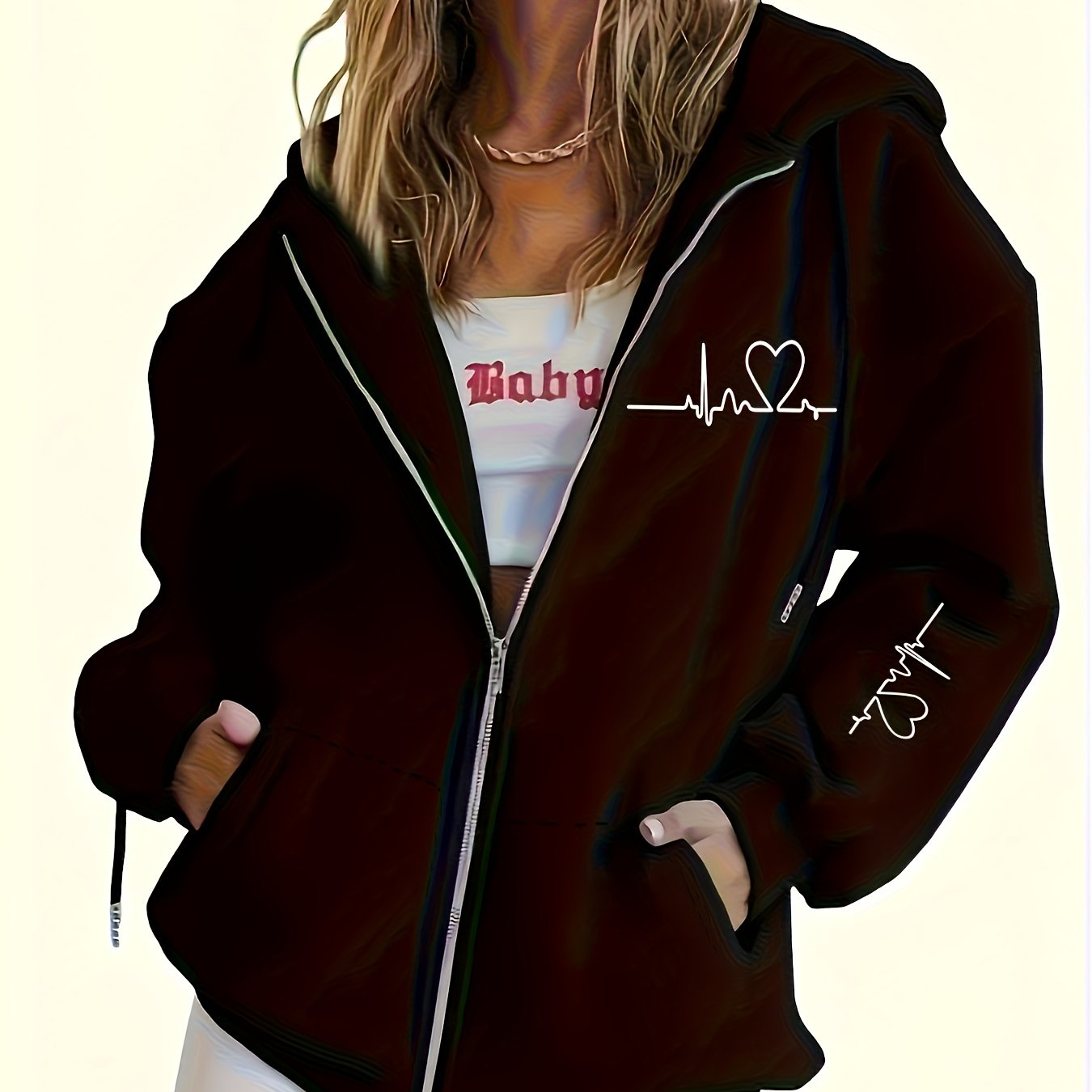 TEMU New European And Dark Style Printed Long Sleeve Bf Style Loose Casual Hooded Zip-up Cardigan Sweatshirt Jacket