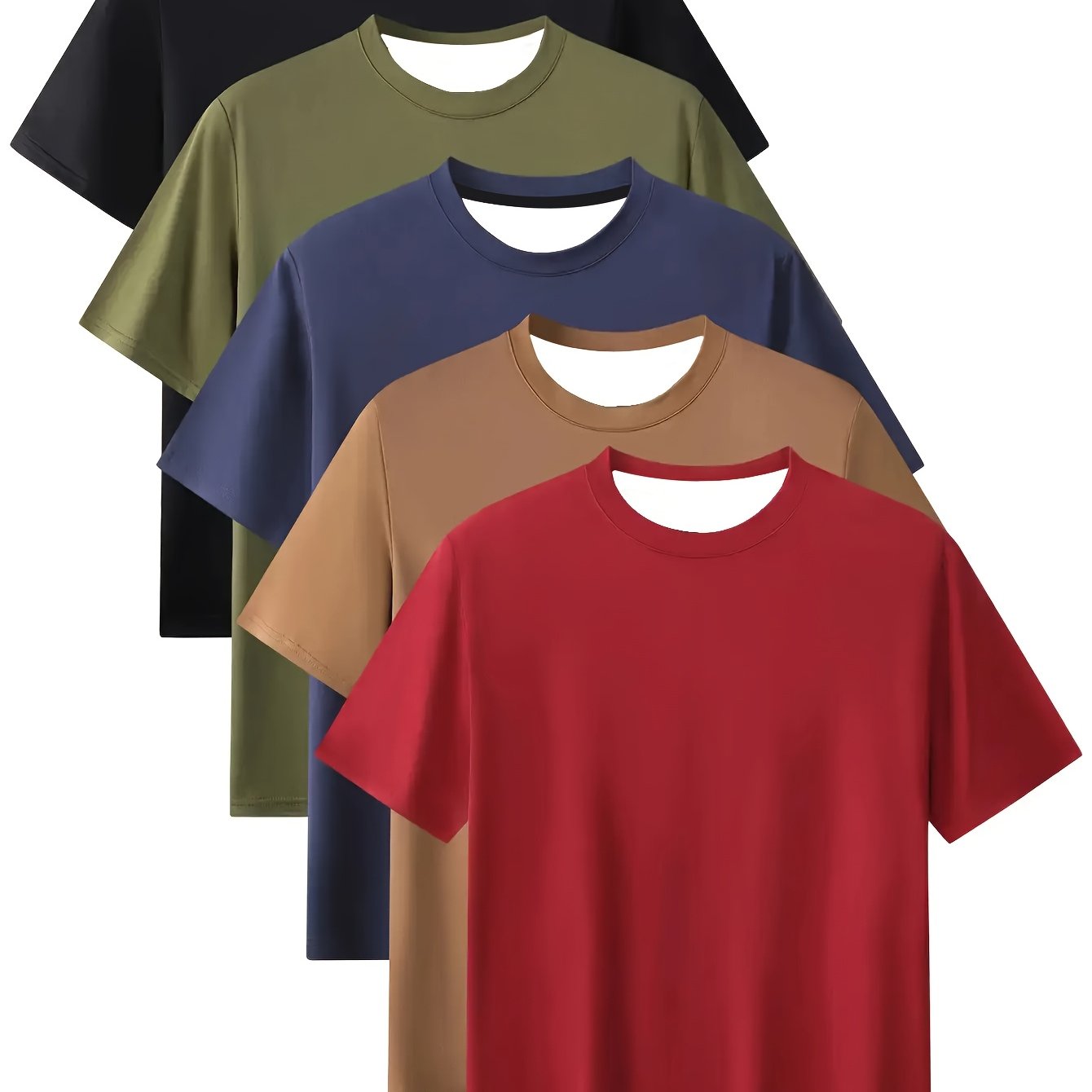 TEMU Printed Design â Not Textured 5pcs Men's Plus Size Summer Sports T-shirts, Casual Stretch Round Neck Tops, Breathable And Comfortable In Olive