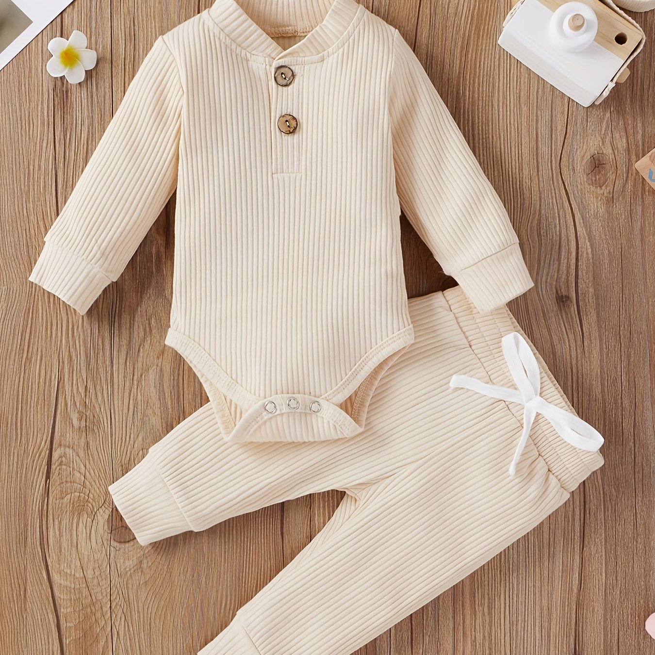 Image of Txf100835 Newborn Baby Clothing Set, Ribbed Top Kids Solid Color Long Sleeve Shirt And Pants 2pcs, Perfect For Outdoor