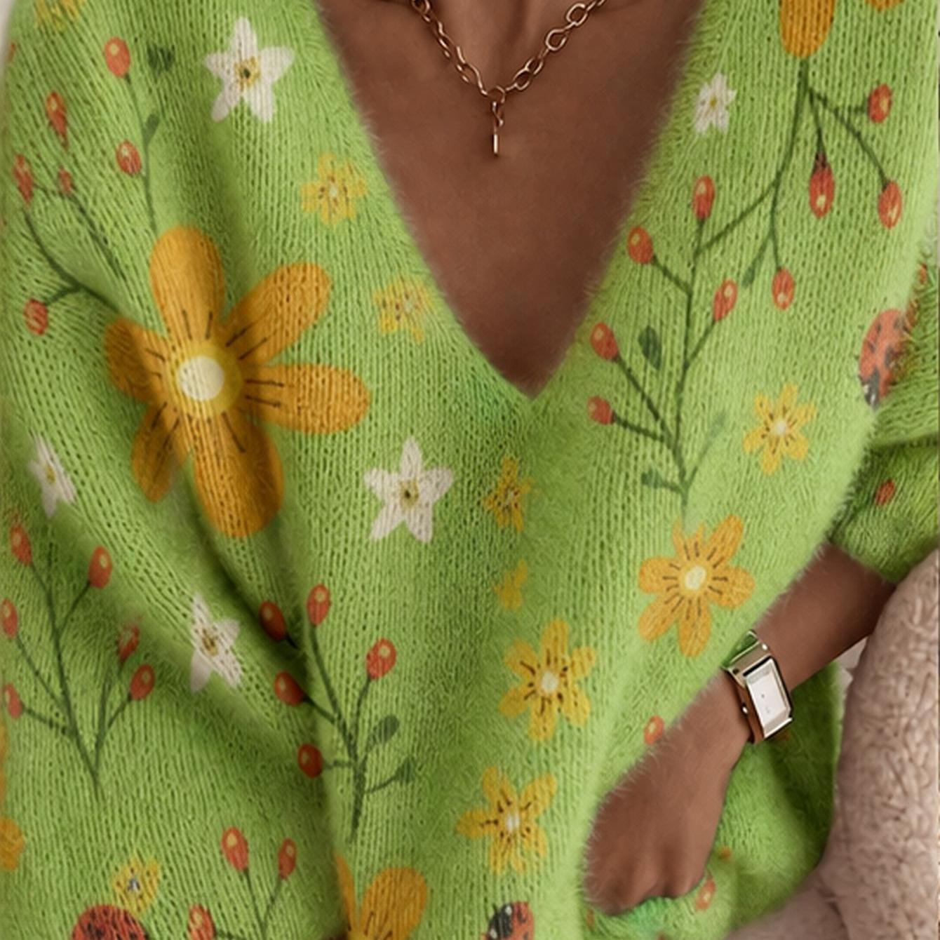 Plus Size Women's Sexy V-neck Sweater Green Floral V-neck Sweater For Spring Casual Wear 2026 Fall/winter New Loose Fit Long Sleeve Pullover, Sexy Sweet Casual Layering Top, Soft Cozy Everyday Sweater