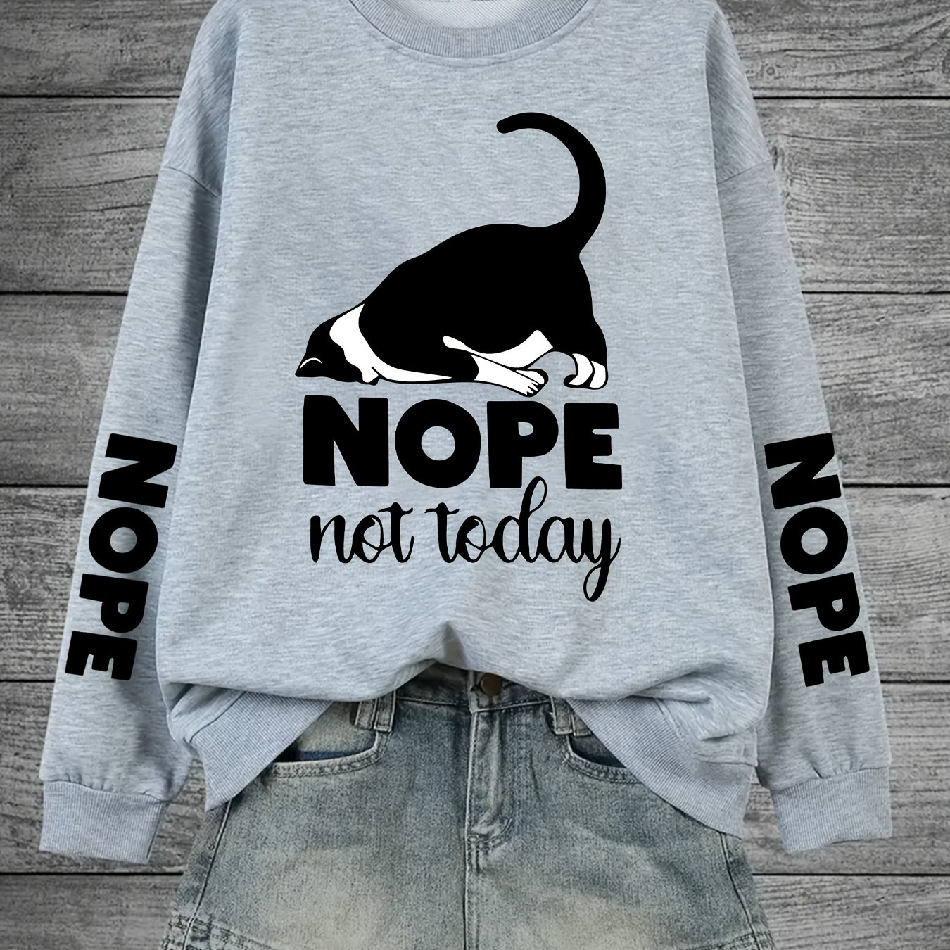 TEMU Plus Size - Women's Oversized Round-neck Sweatshirt With A Nope Cat Print On The Front Sleeve.
