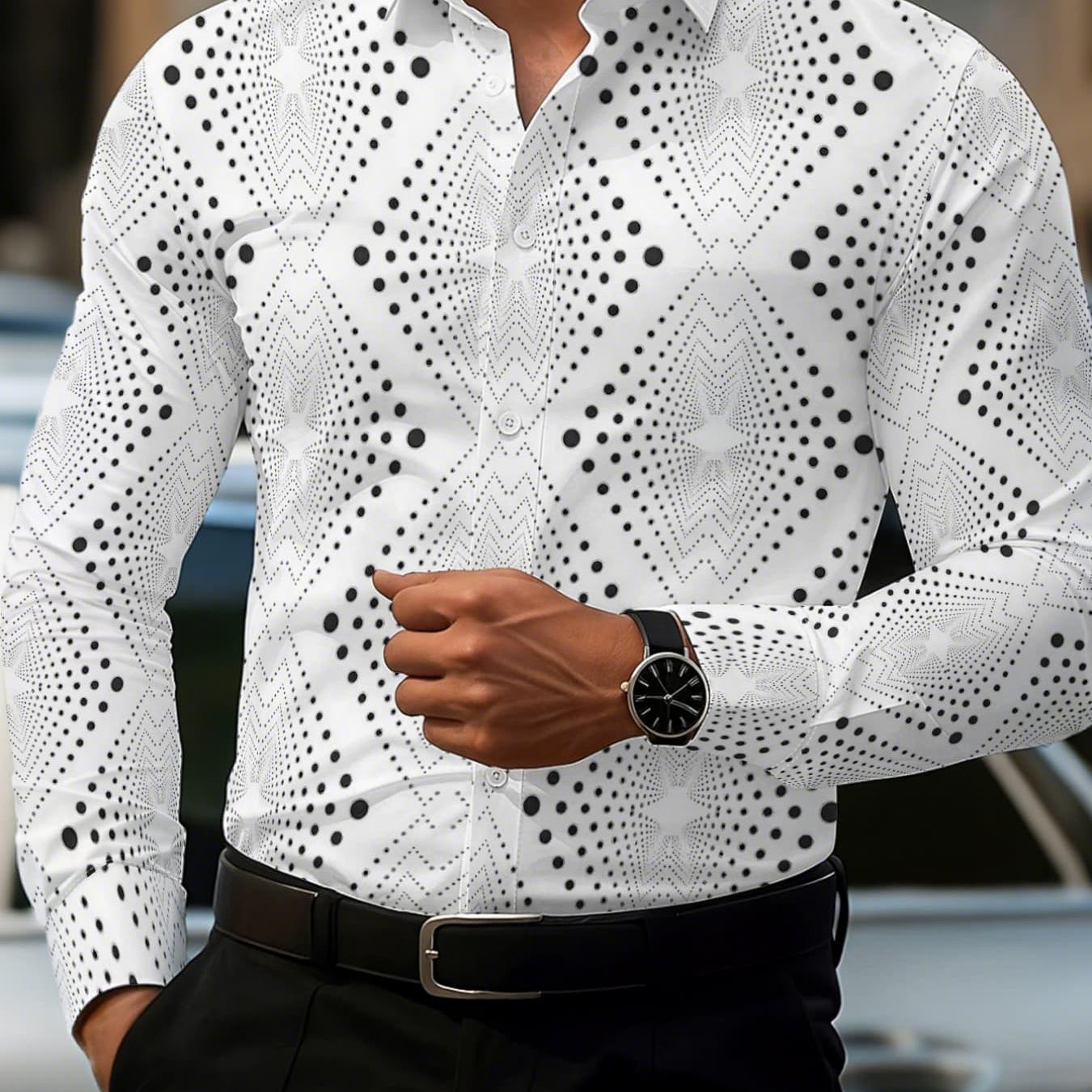 TEMU Men's Long Sleeve Shirt With Geometric Pattern Trendy Polka Dot Casual Shirt