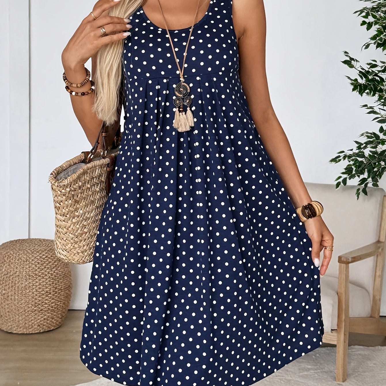 TEMU Summer New Women's Elegant Casual Sleeveless Polka Dot Dress, A-line Loose Fit
