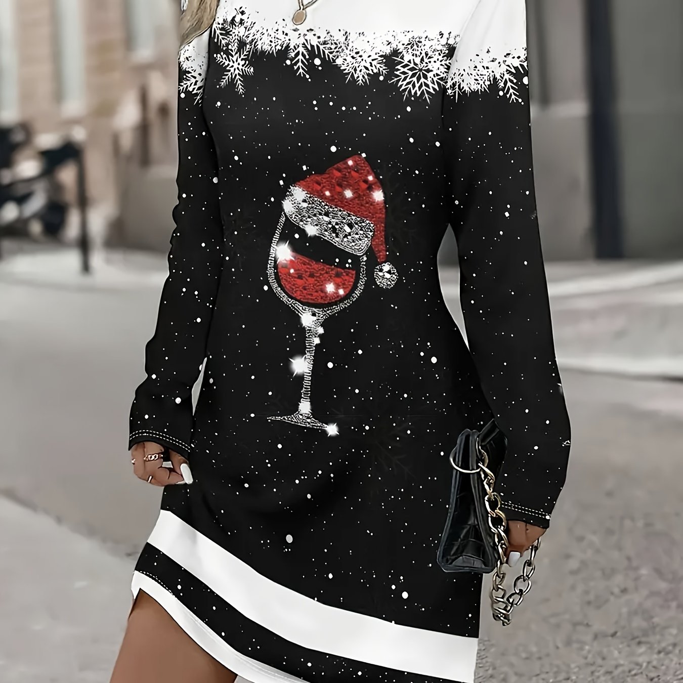 Image of Women's Dress For Christmas, Featuring A Stylish And Casual Long-sleeve Design With A Christmas Cup Pattern, Perfect For Autumn, Winter, And Festival