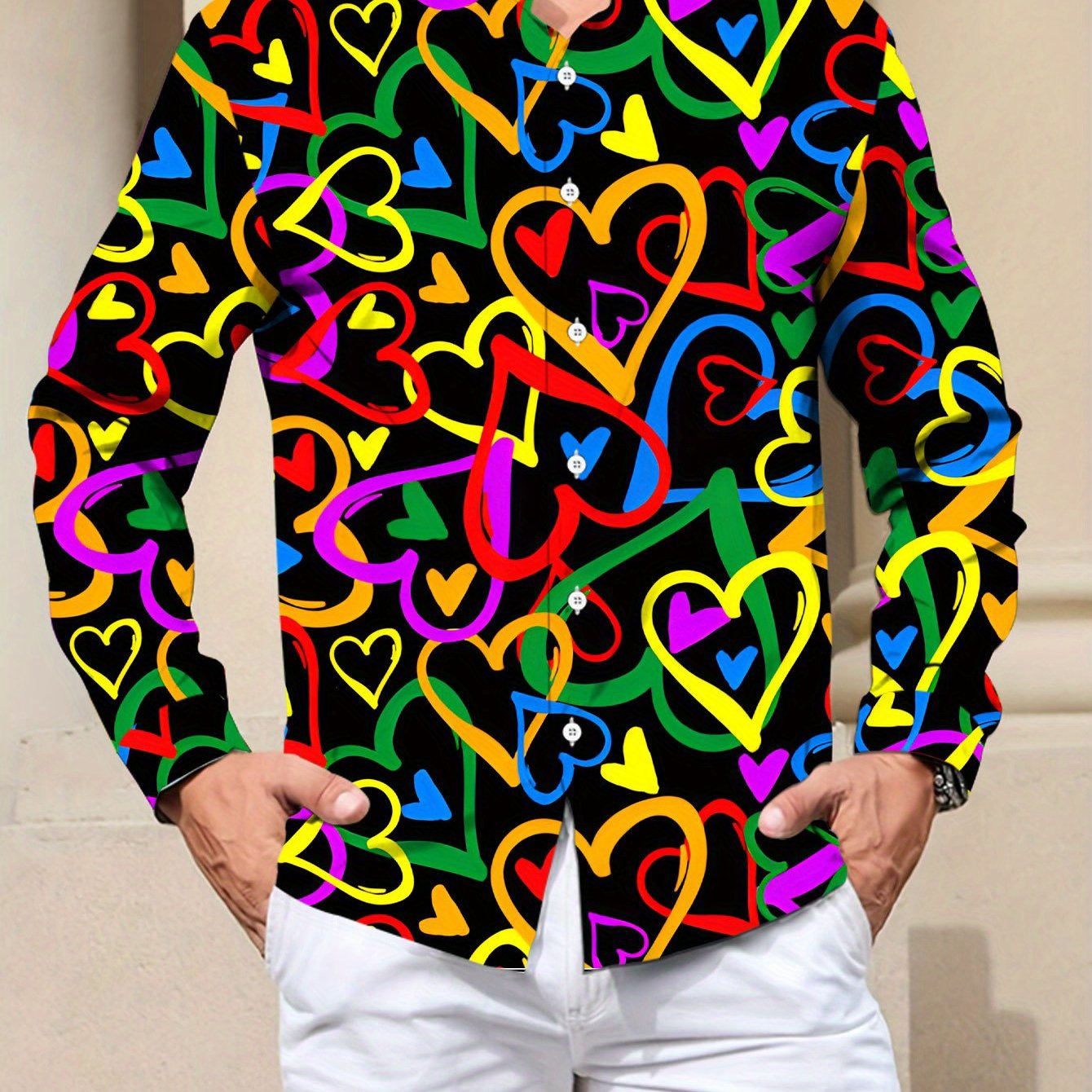 TEMU Size Men's Collar Long Sleeve Shirt Colorful Heart Pattern Background Fashion Casual Button-up Shirt ' Dopamine Dress Regular Fit Long Sleeve