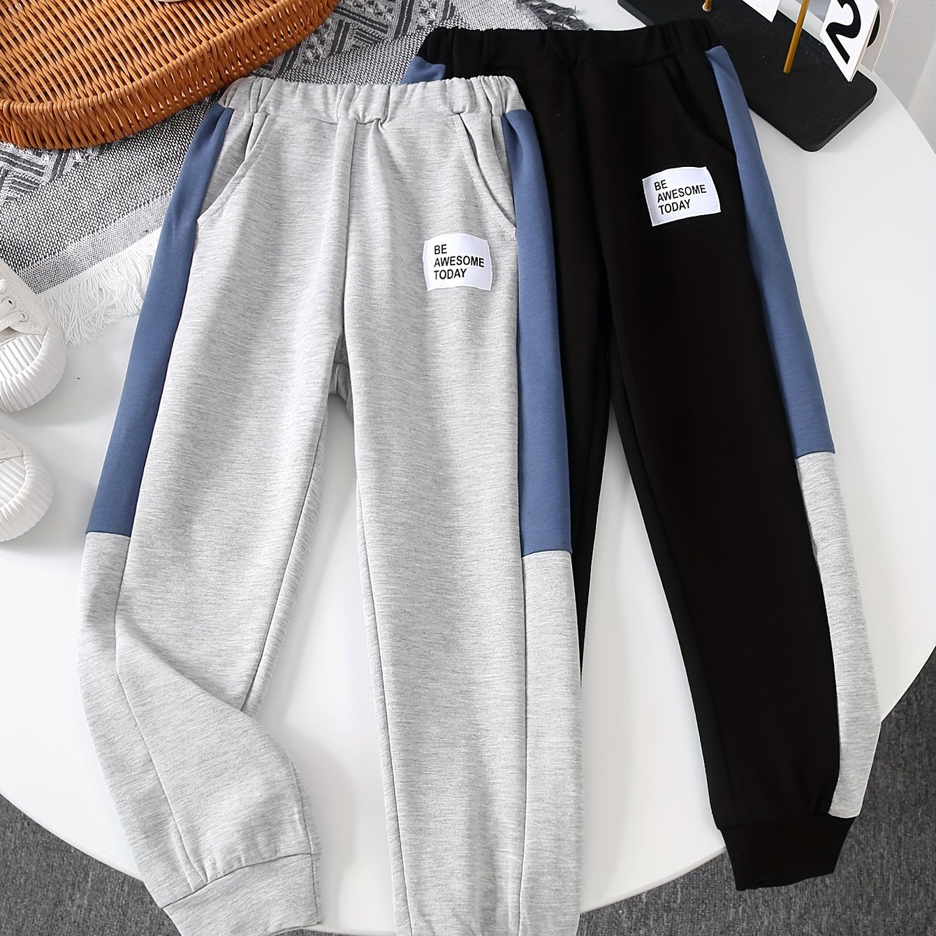 Image of [2pcs Set] 4-7 Year Old Boys' Fashionable Cute Color-block Long Pants, Cartoon Patch Design, Suitable For Boys' Outdoor Sports And Daily Casual Wear, For Outdoor
