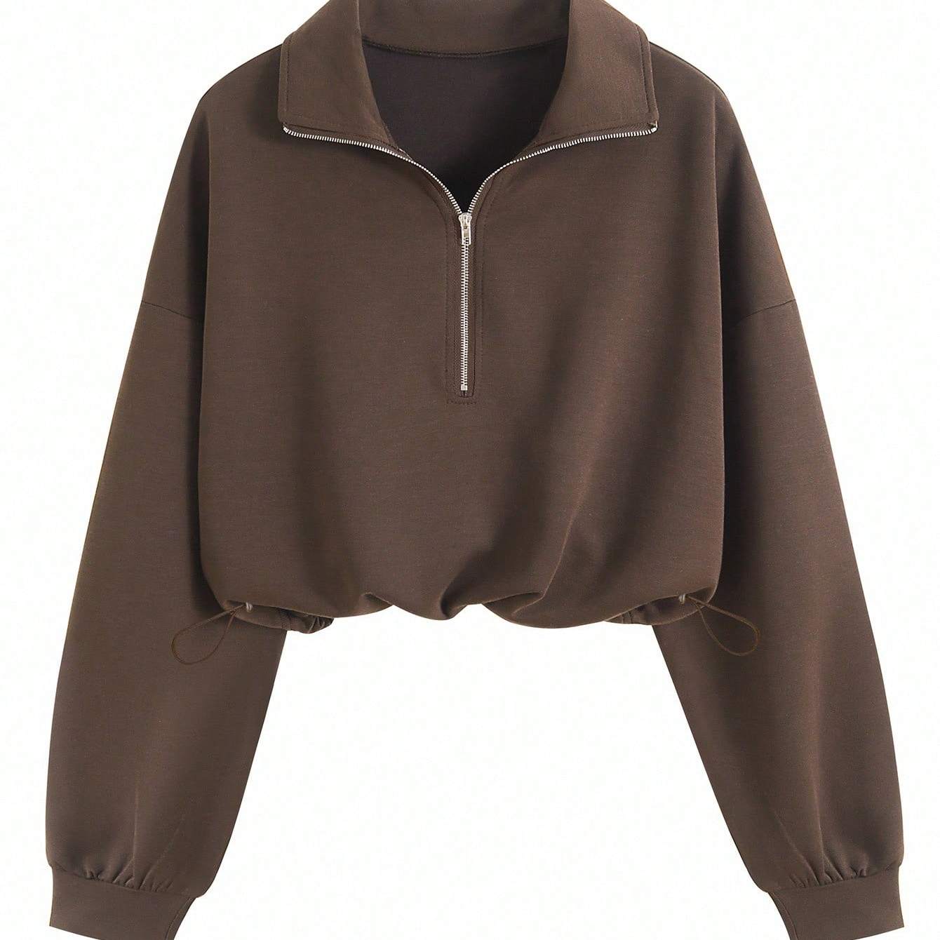 TEMU Women's Comfortable Half-zip Collar Sweatshirt With Drawstring Waist, Cropped Loose-fit Long-sleeve Top, Casual Outerwear, Versatile Relaxed