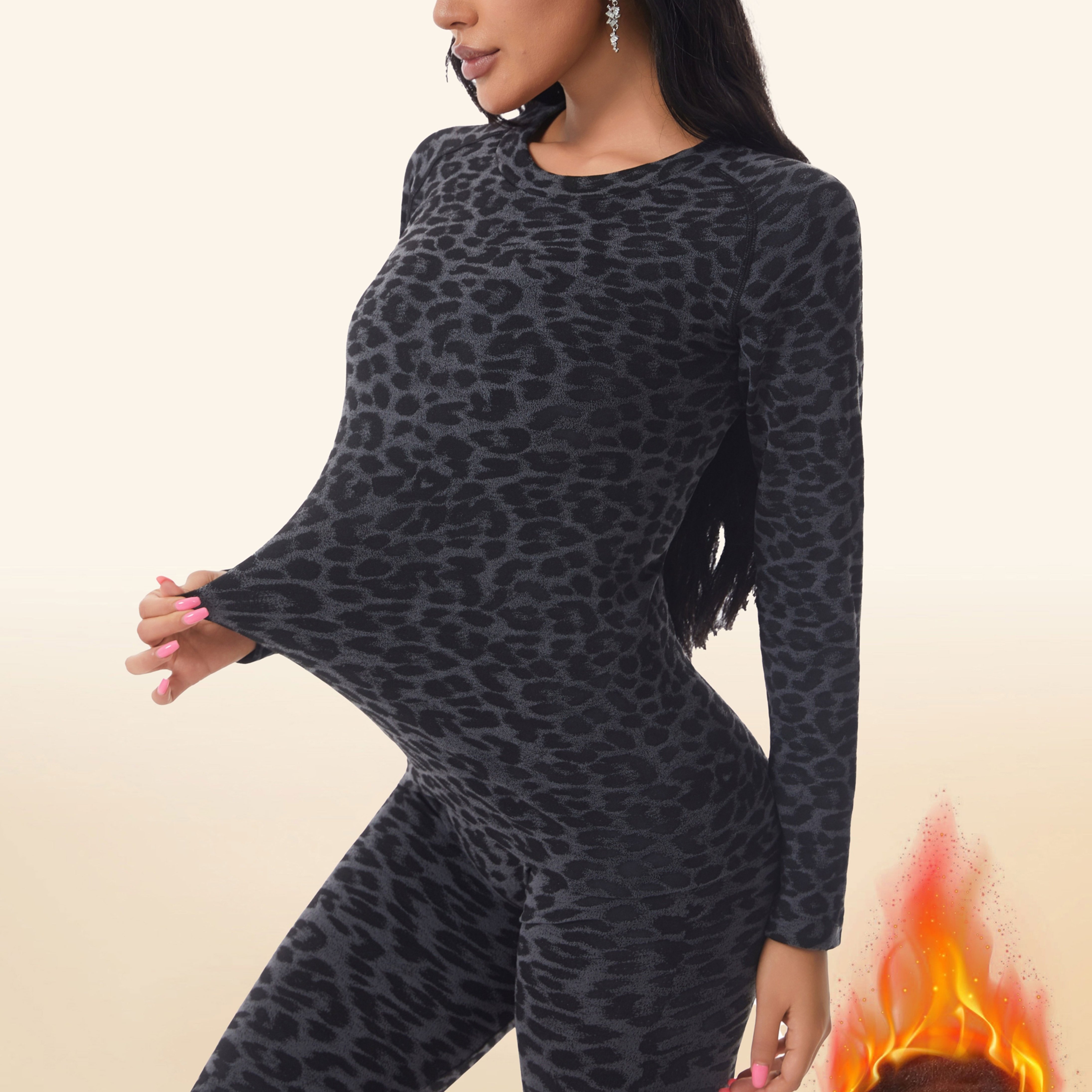 TEMU 1 Set di Caldo da Donna con Stampa Leopardata per Inverno, Design Foderato in Pile, Tessuto Confortevole e Caldo, Stile Casual