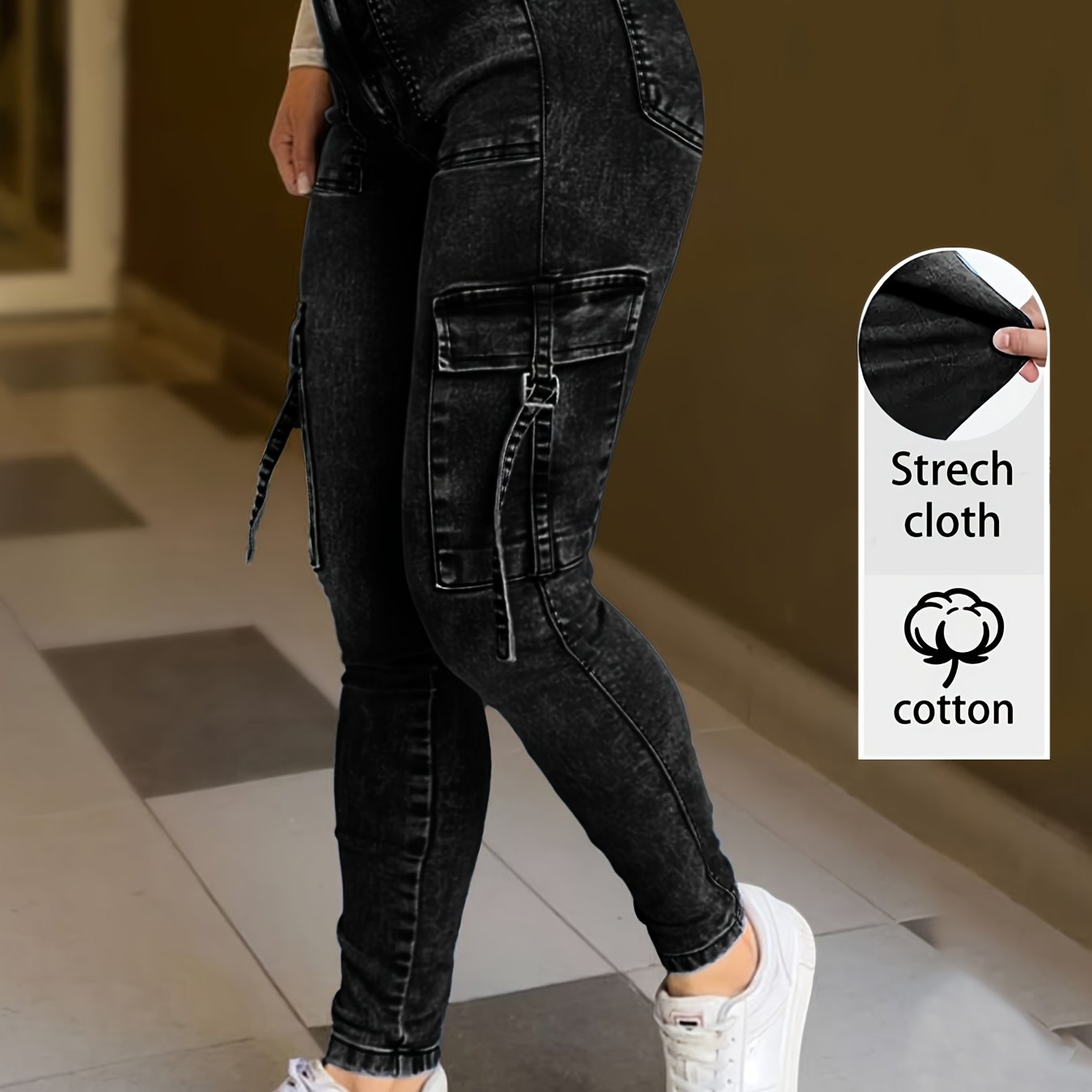 Fashion Multi-pocket High-waist Stretch Elegant Everyday Sexy Slim-- Size Black Cargo Women's Skinny Jeans