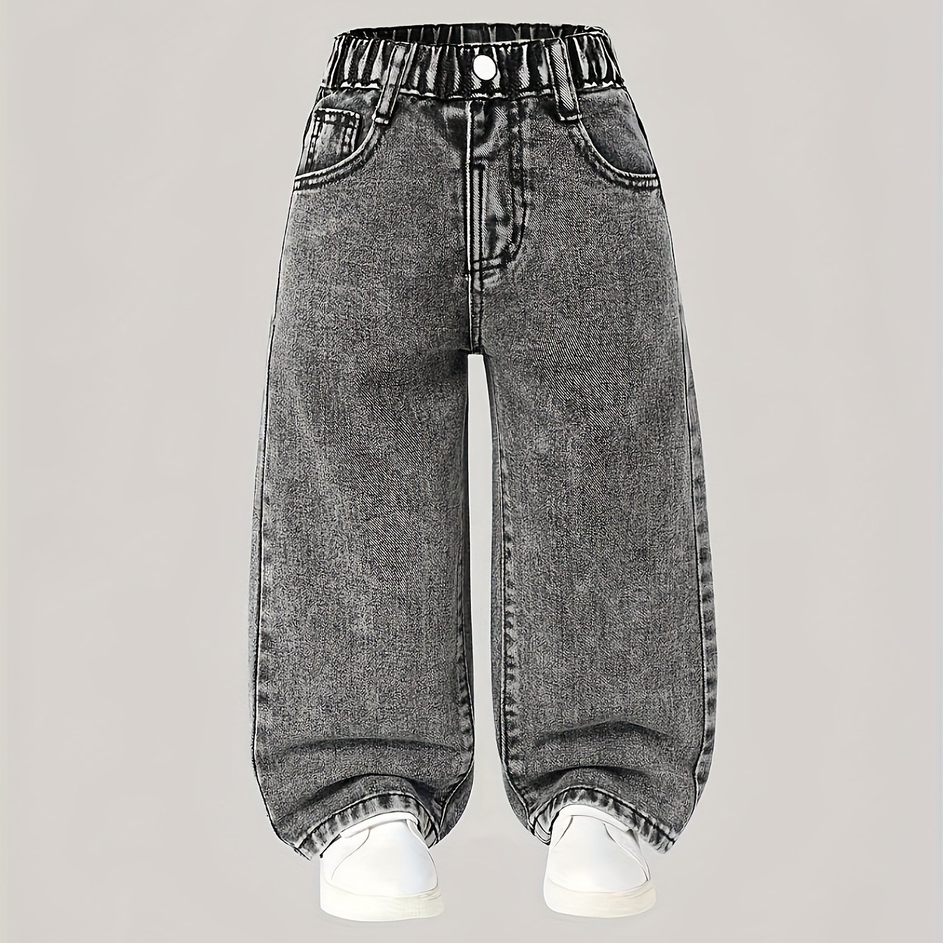 Image of Girls' Denim Denim, Vintage Black Washed Design, Fashionable And Versatile Y2k Style. Black Washed Denim For Children Feature A Loose With Slightly Tapered Cuffs, Exuding A Style. Ideal For Daily Wear