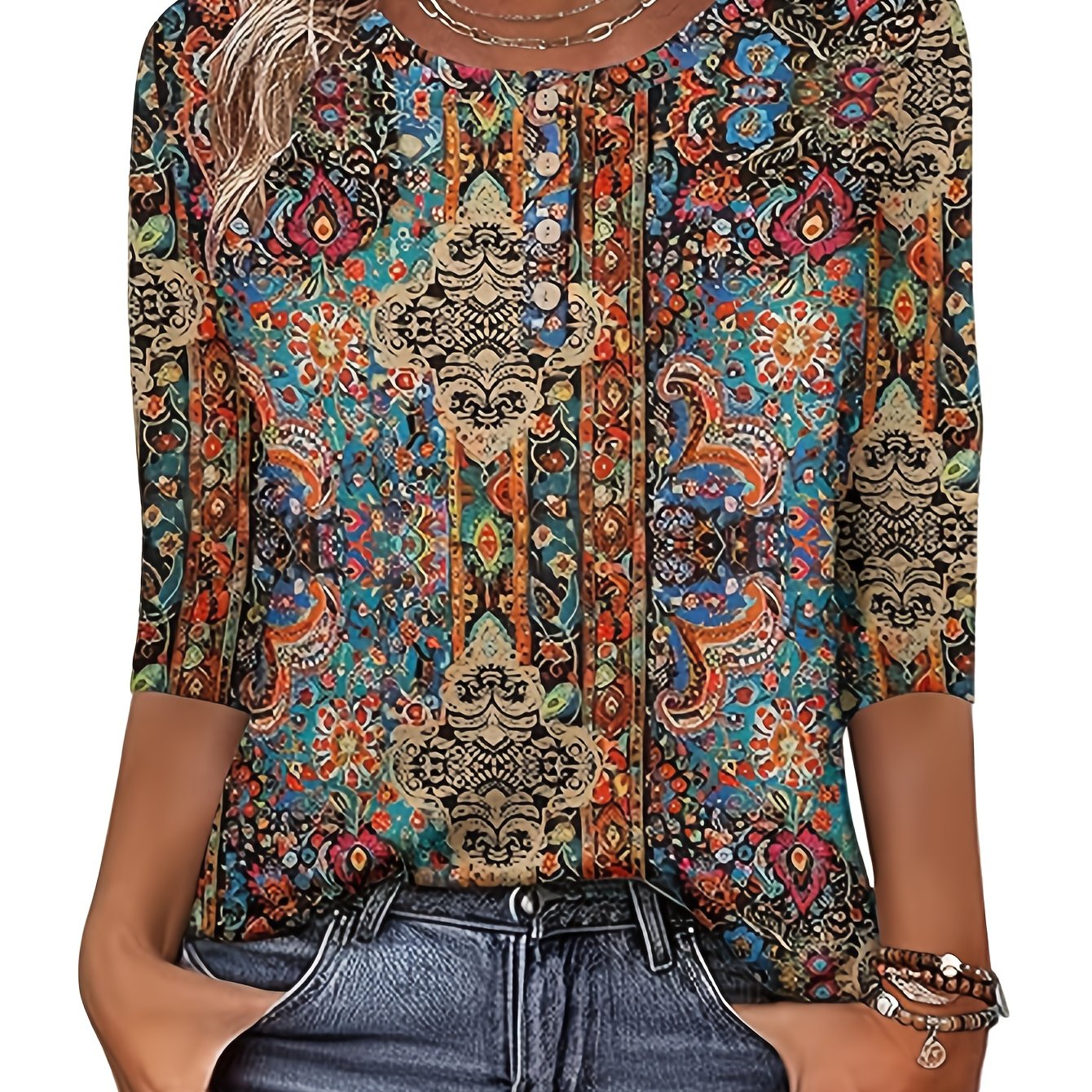 E-shop 2025 Western Mode Damen 3/4 Rundhals Bluse Lässiges Sommer Top mit Knopfleiste T-Shirt