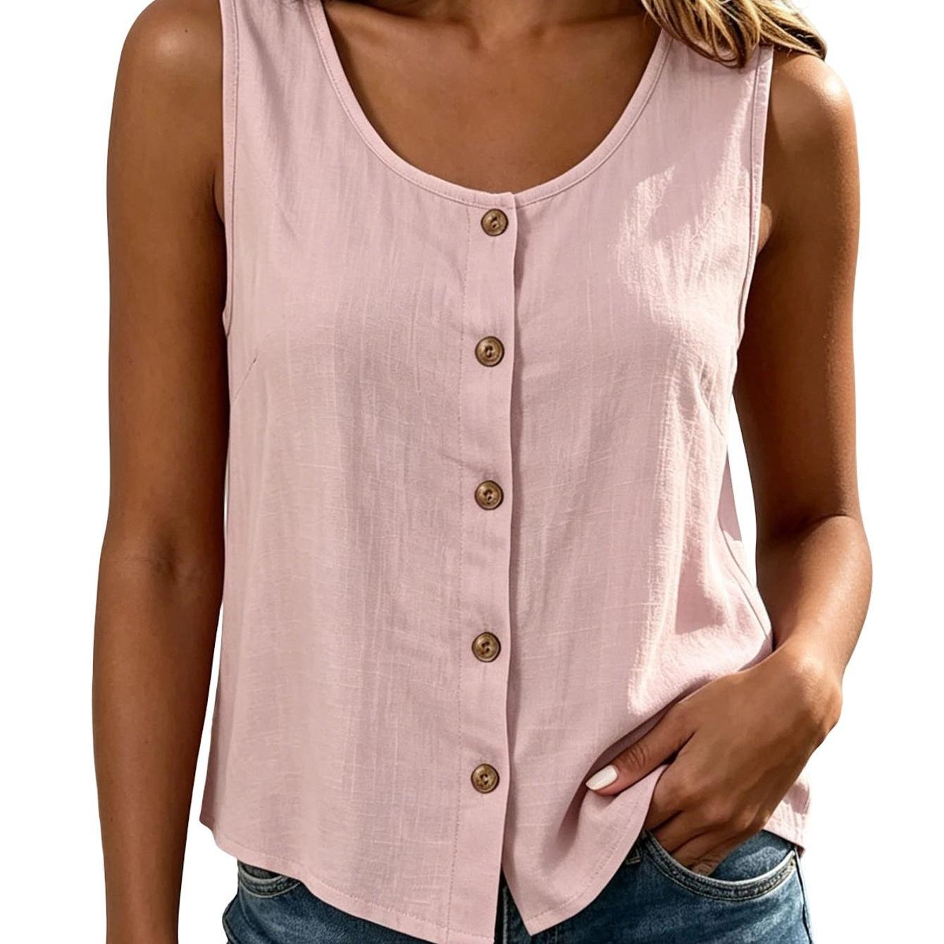 Image of Ladies Solid Color Round Neck Sleeveless Blouse, With Button Detail Curved Hem Loose Breathable Fabric Great For Dates Weekend And Casual Social Occasions