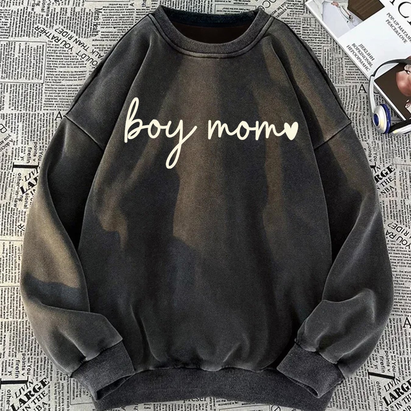 Image of Letter Printed Casual Retro Women's Washed Round Neck Hoodie For Autumn And Winter, Women's Clothing