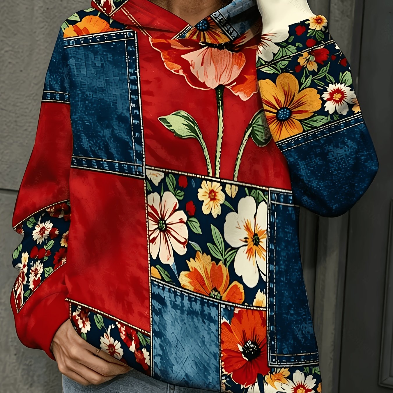 TEMU Printed Design Non-textured Women's Lightweight Fall Hoodie, Floral Pattern Print, Trendy Vibe For Vacation Casual Wear