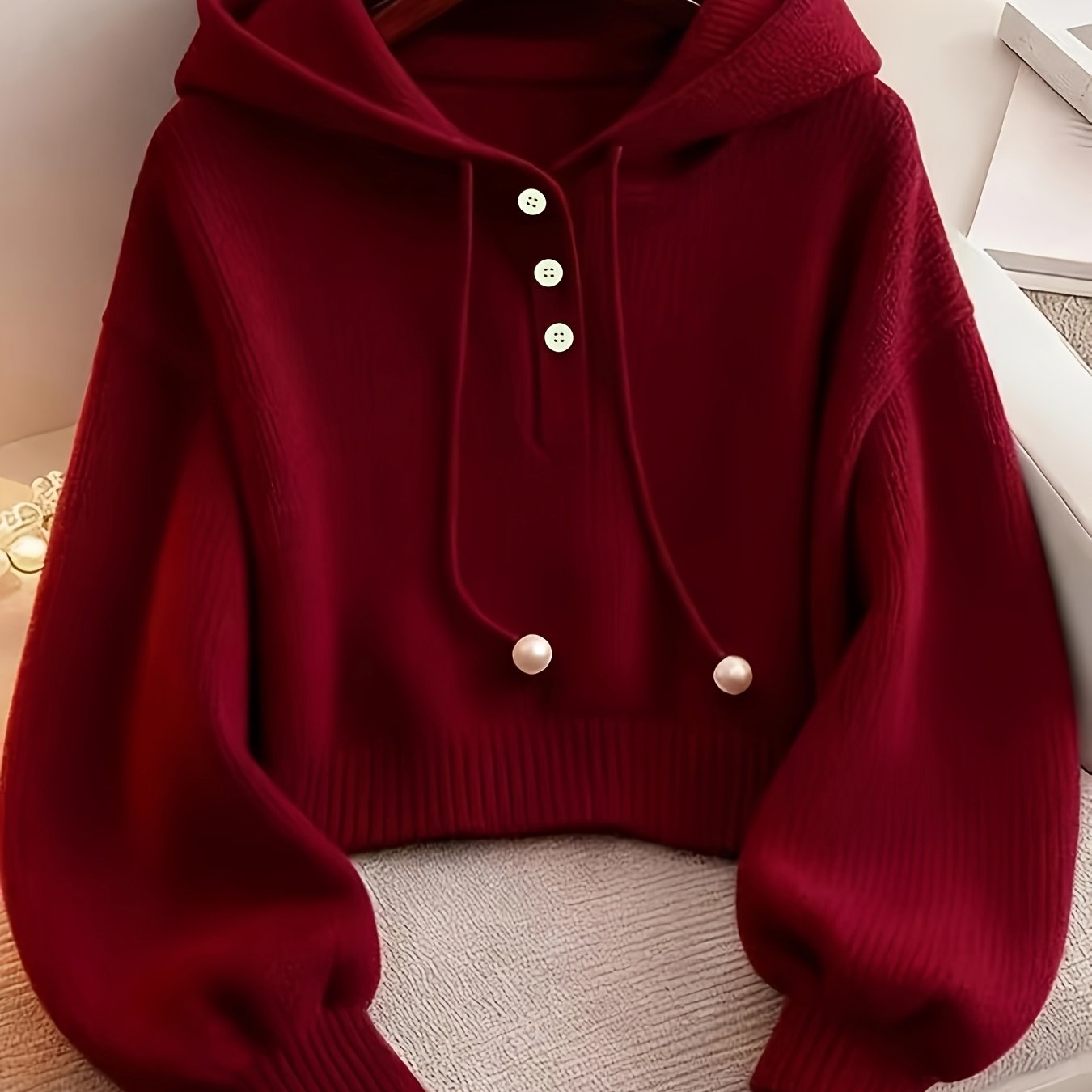TEMU Vintage Women's Autumn/winter Hooded Sweater With Pearl Drawstring, Cropped,, Half-button Pullover Top