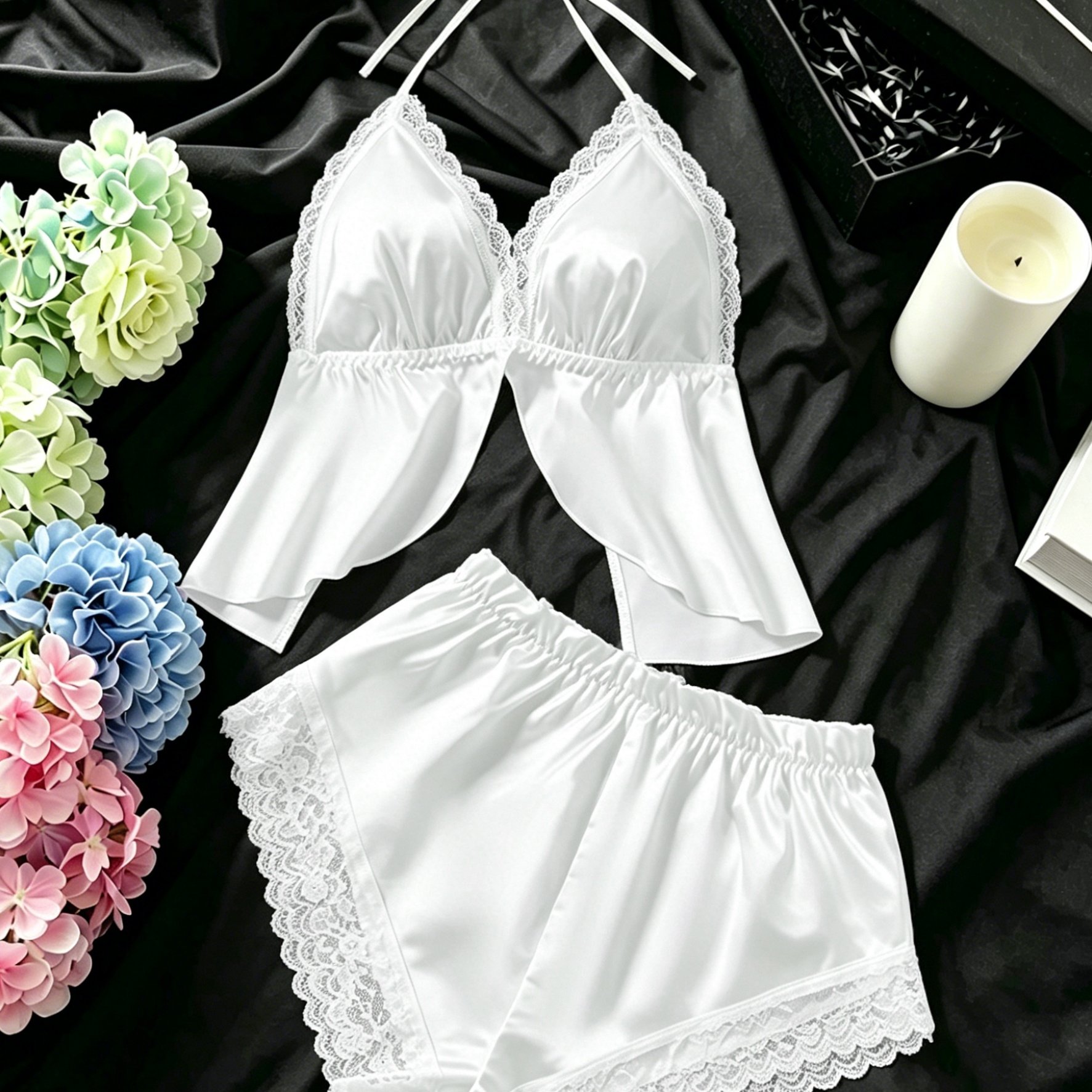 Image of Contrast Lace Solid Color Pajama Set, Halter Neck Slit Top & Elastic Shorts, Women's Sleepwear & Loungewea