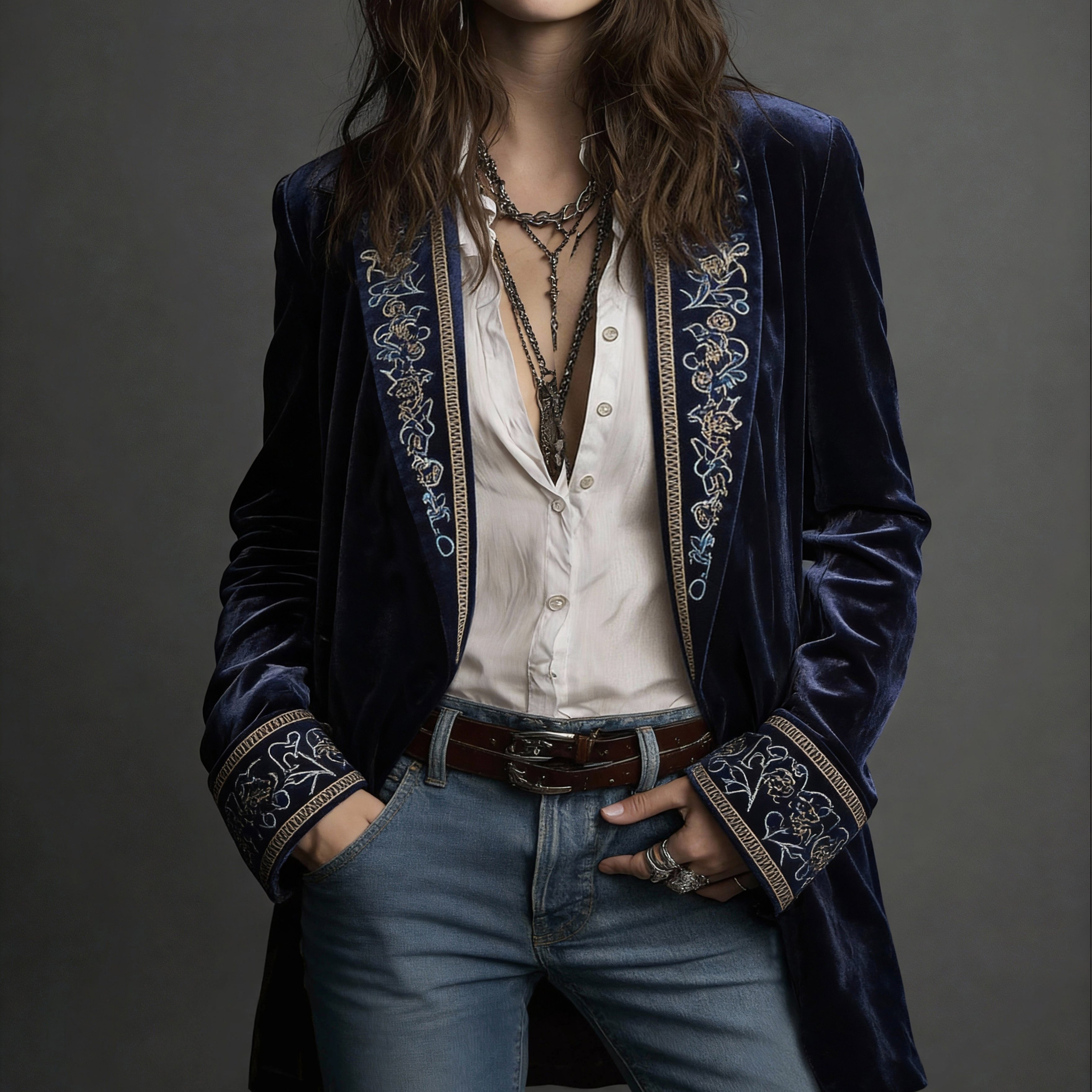 TEMU Vintage Elegant Open-front Blazer With Embroidered Detailing At The Neckline And Cuffs, A Lapel Collar, And Long Sleeves For Women