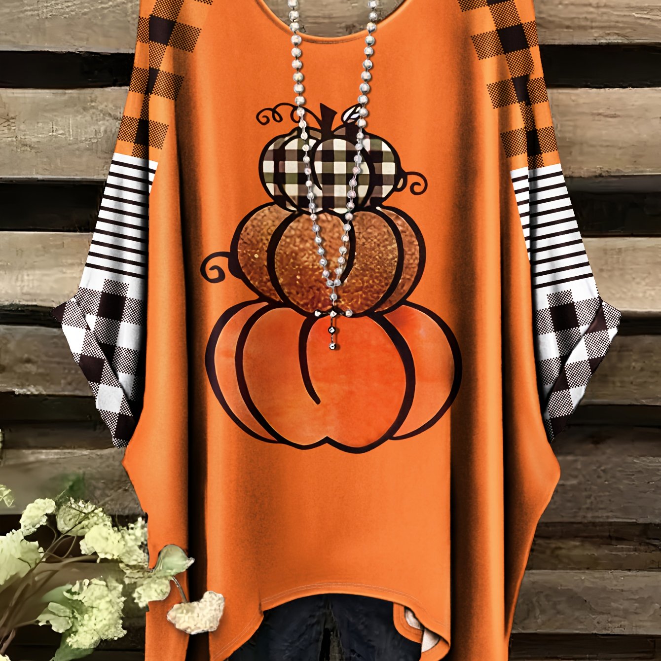 TEMU Plus Size, Plus Size Women's Oversized Pumpkin Print T-shirt - Long Sleeve & Top With Round Neck, Checkered Pumpkin & Leaf Patterns, Cozy Fall