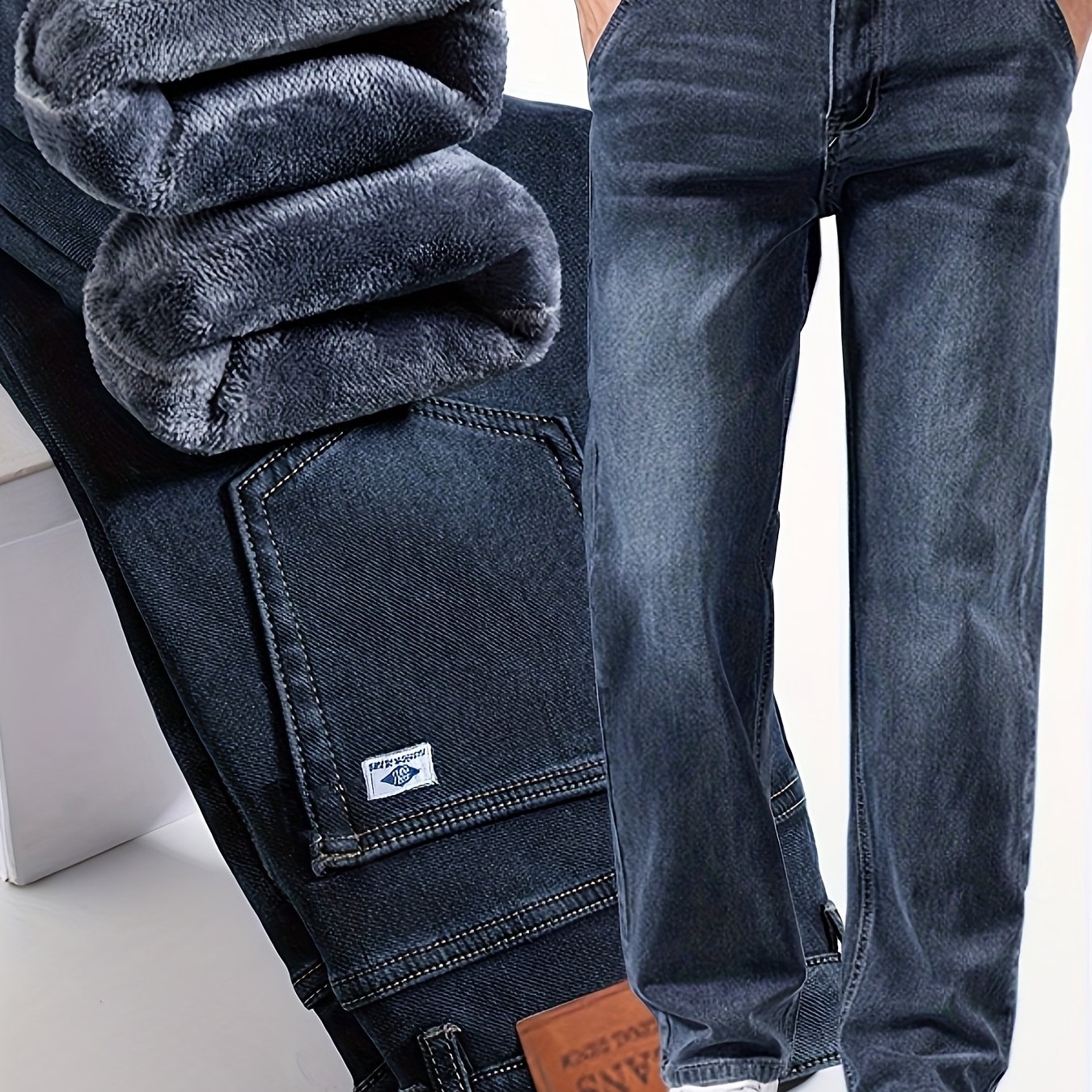 Image of Vintage Men's -lined Thickened Loose Straight-leg Jeans - 092+1# Autumn/winter New Style, Simple And Versatile With Stretch, New Season