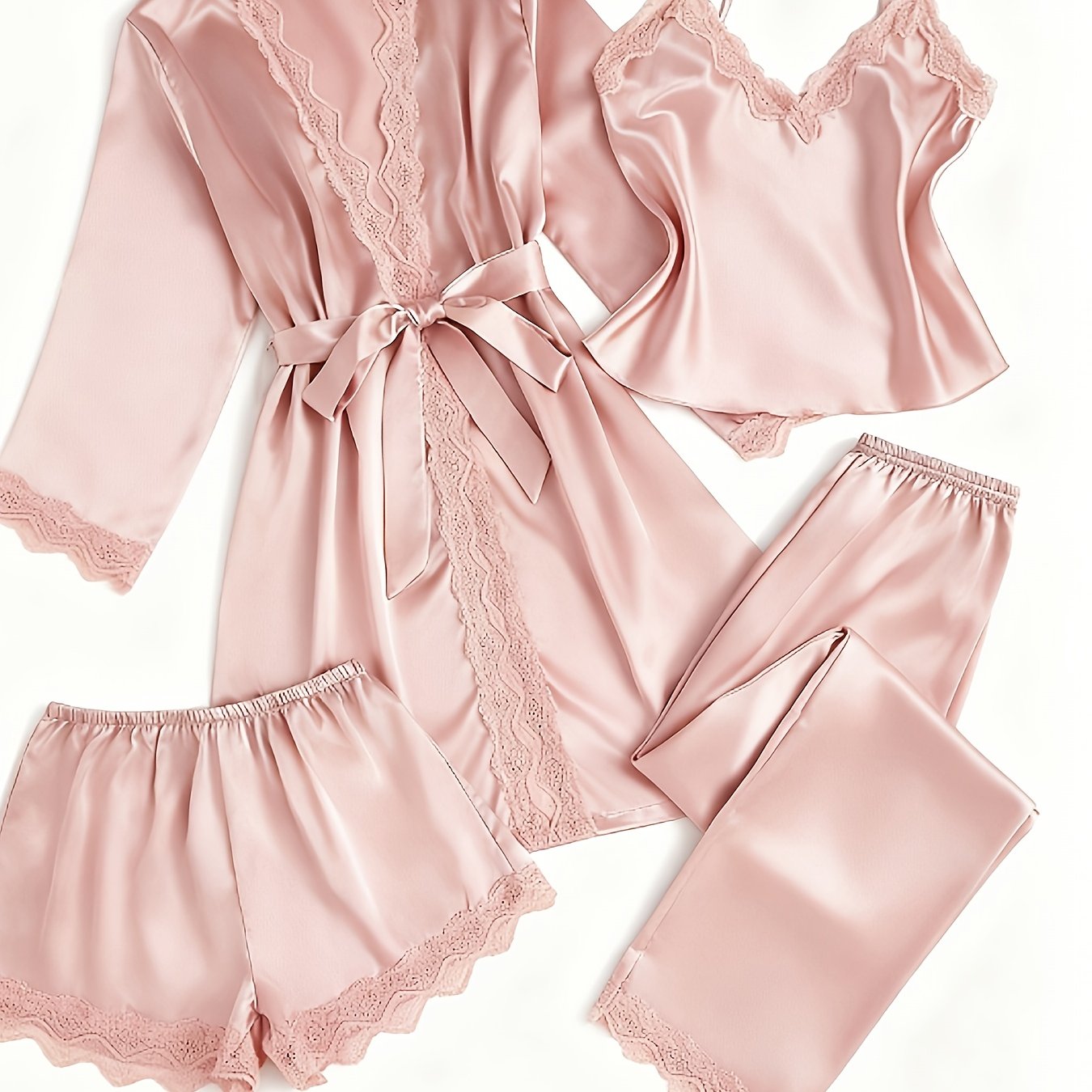 TEMU Lace Cami Shorts Long Pants Bathrobe 4pcs Set
