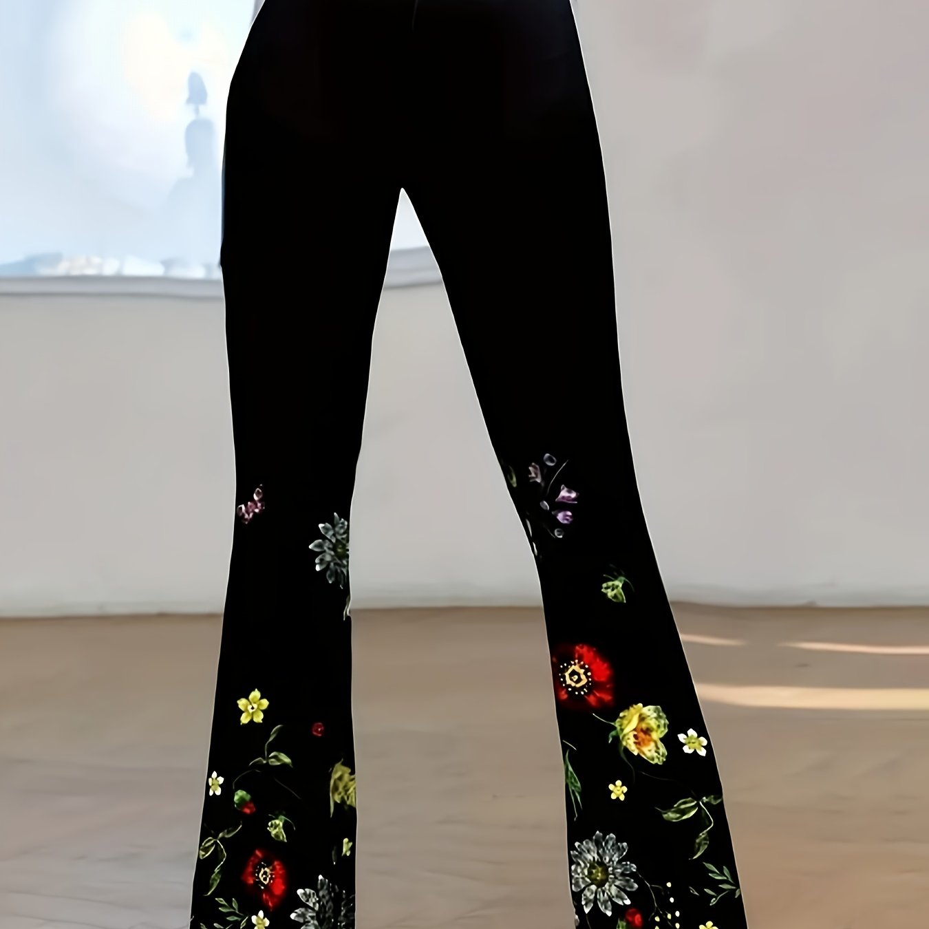 Plus Size - Plus Size - Women's Plus Size Fresh Plant Floral Elegant High Waist Elastic Flared Pants