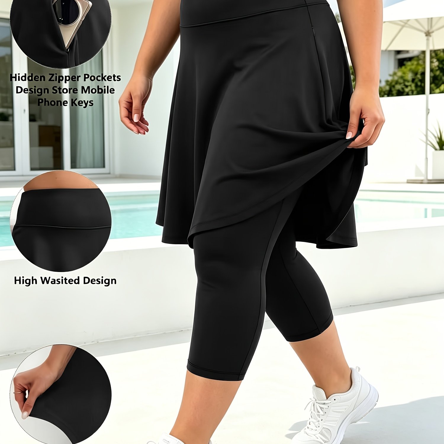 Plus Size - Ženske hlače- srednje dolžine z visokim pasom za močnejše postave, 3/4 hlače in hlače z žepi na zadrgo. Eleganten in laskav d