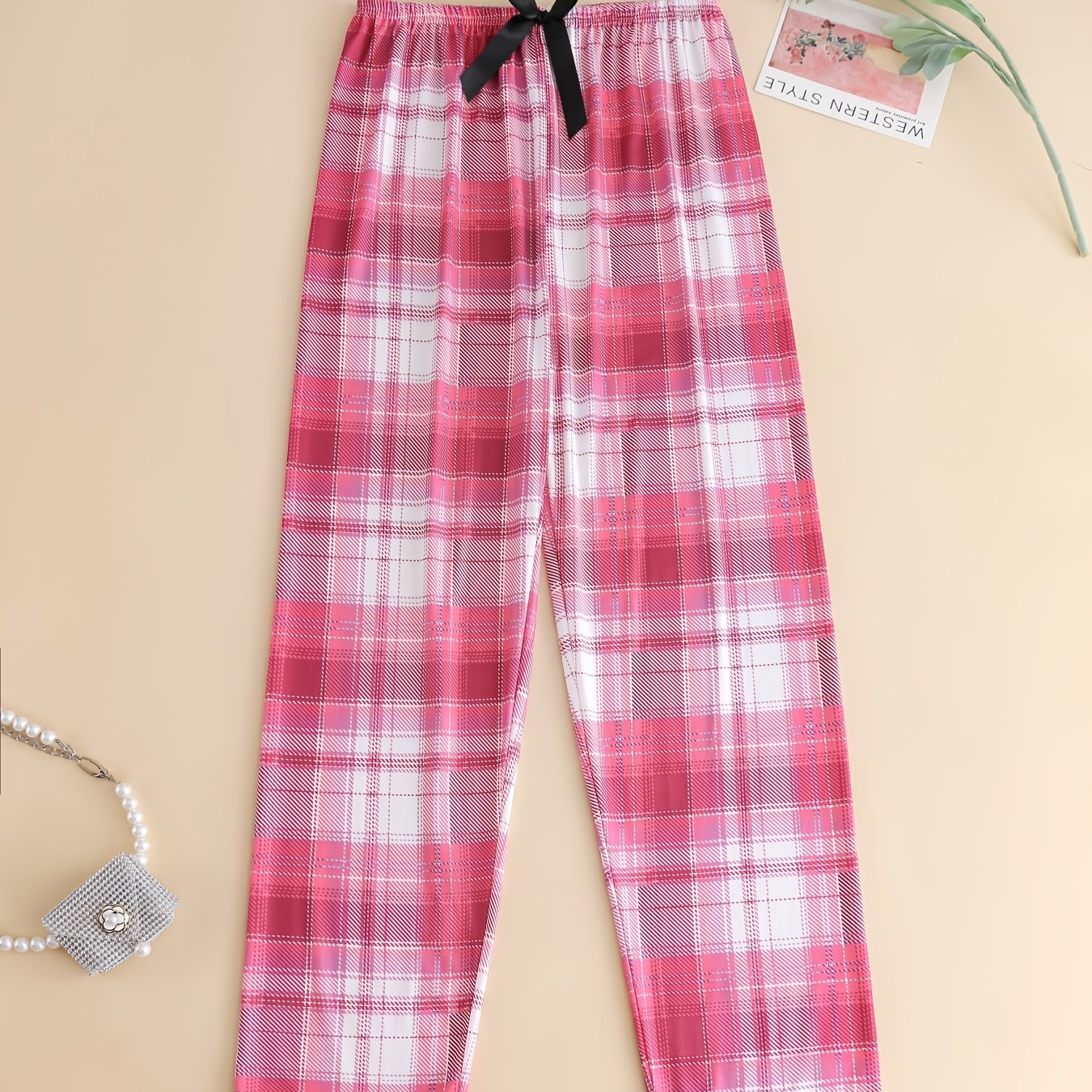 TEMU Women's Pajama Pants, Soft And Comfortable Fabric, Plaid Print With Bow, Stretchy, Casual, And Loose-fitting Loungewear For Women