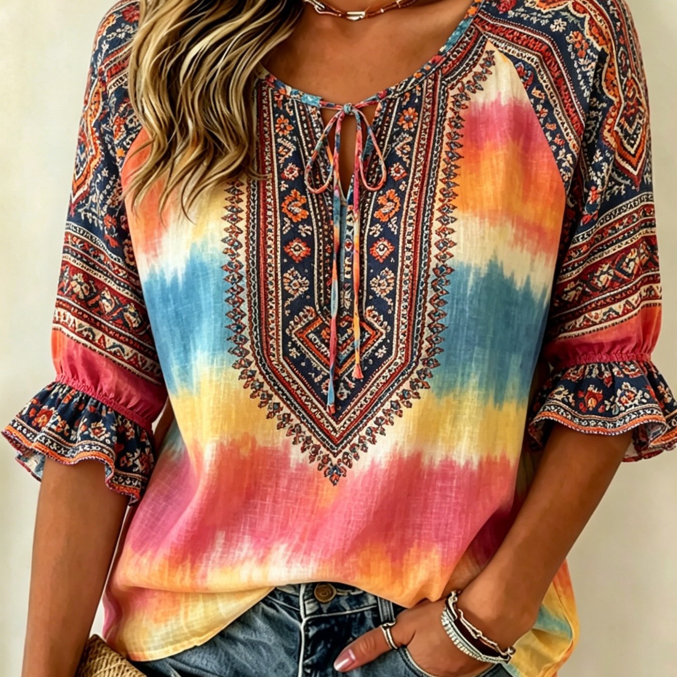 Plus Size, Women's Shirt In Dopamine Colors Tie-dye Ethnic Style Printed Women'-quarter Sleeve Ruffle Tie Shirt