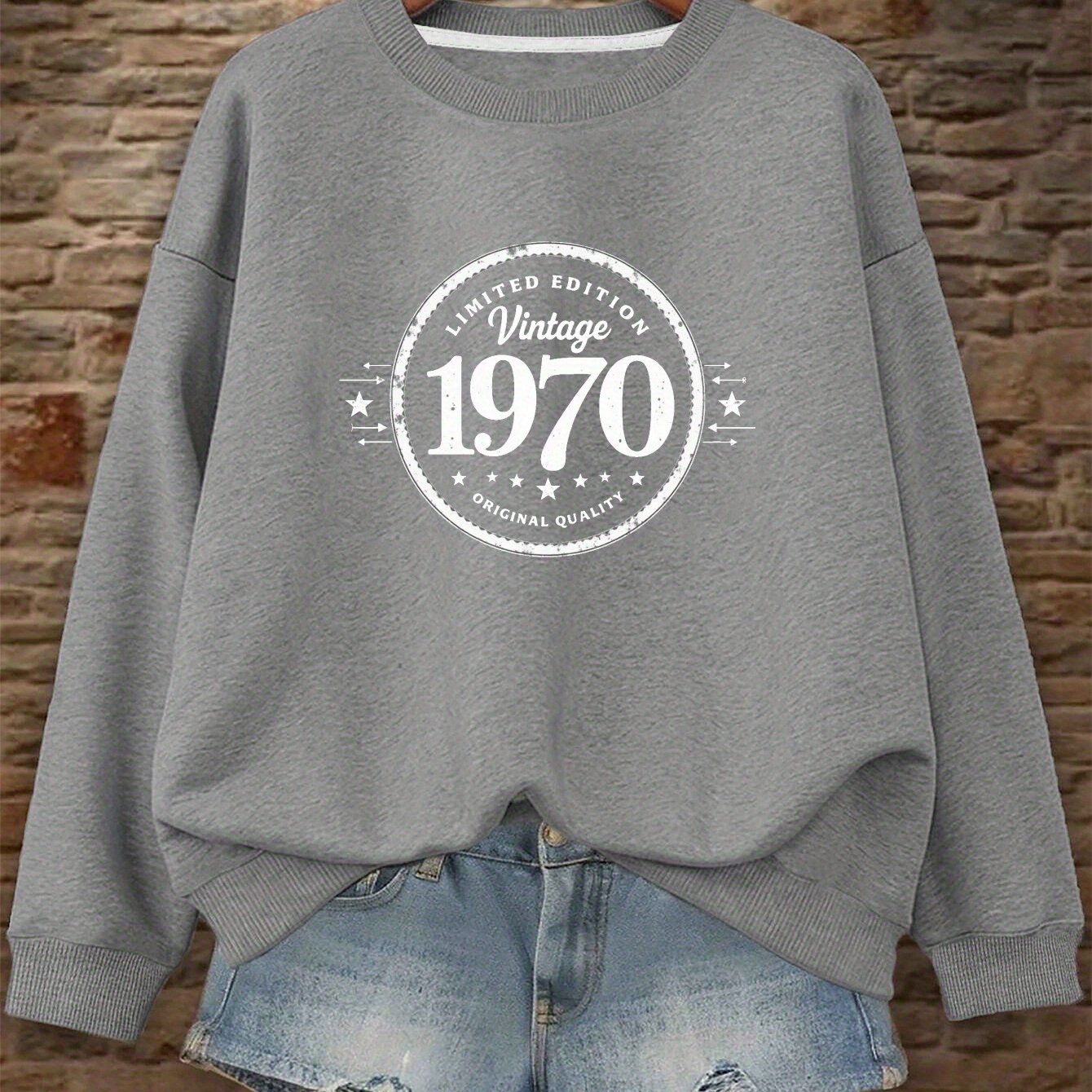 TEMU Vintage 1970 Edition Graphic Print Sweatshirt, Crew Neck Casual Sweatshirt For Fall & Spring, Women's Clothing