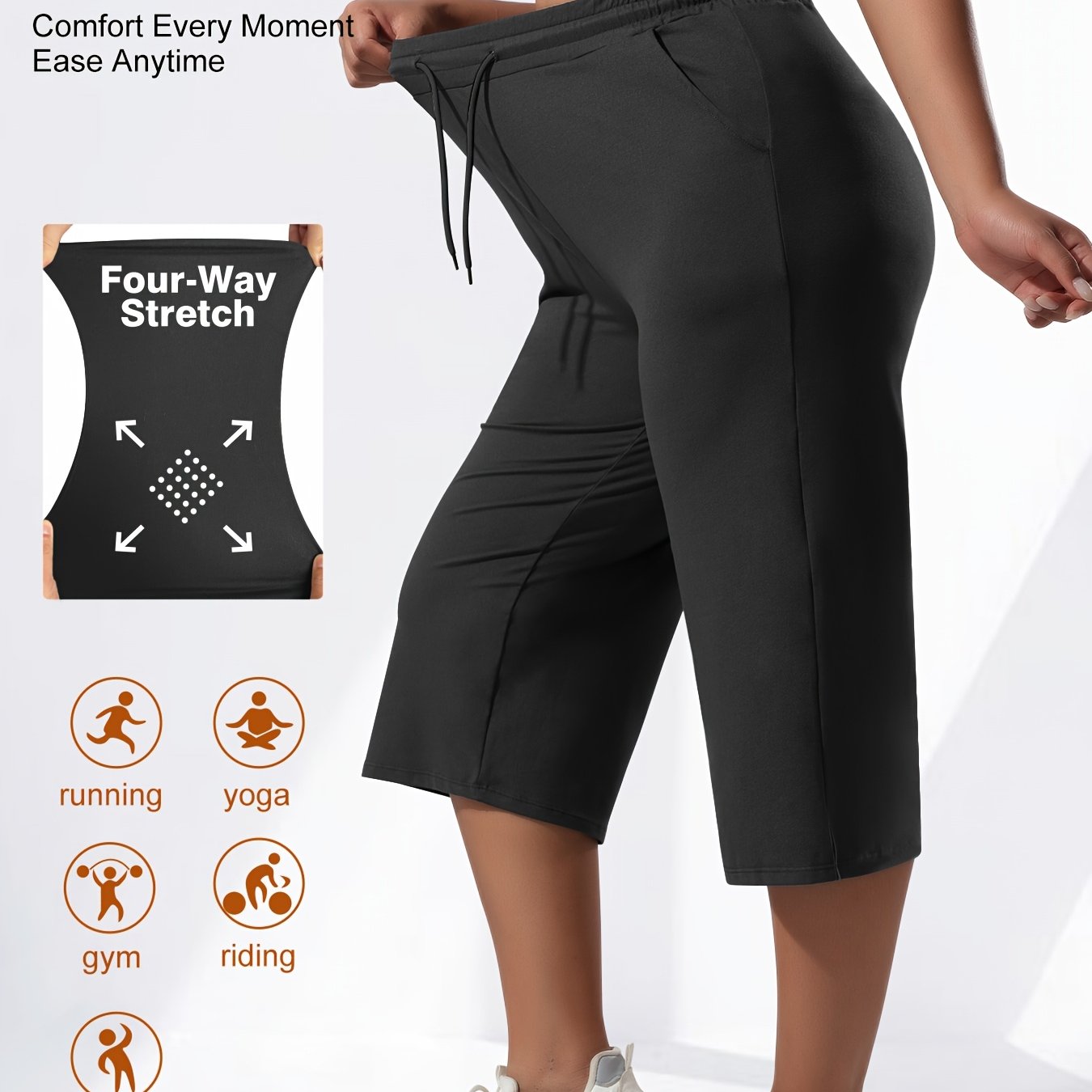 E-shop Plus Size - Plus Size - Plus Size High-Waist Schrägstehtasche Kordelzug Freizeit Caprihose, Weite Beine Hose, Lockere Hose, Stoff High-Stretch