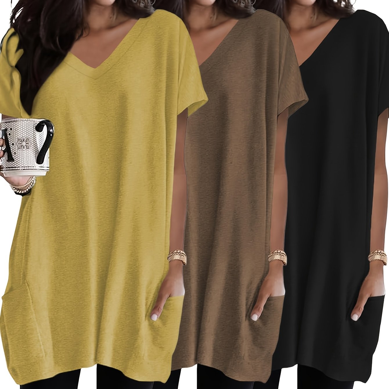 E-shop Damenmode Top 3er Set, Lässige Locker Passende Basic Damen Bluse, Elegante Bequeme Kurzarm V-Ausschnitt Langarm T-Shirt