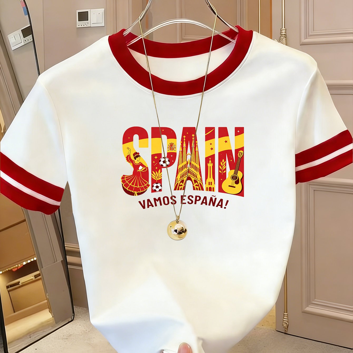 TEMU Camiseta de manga corta para mujer, , nueva, y blanca con diseño de , estilo fútbol, estampado de con temática española, top de cuello