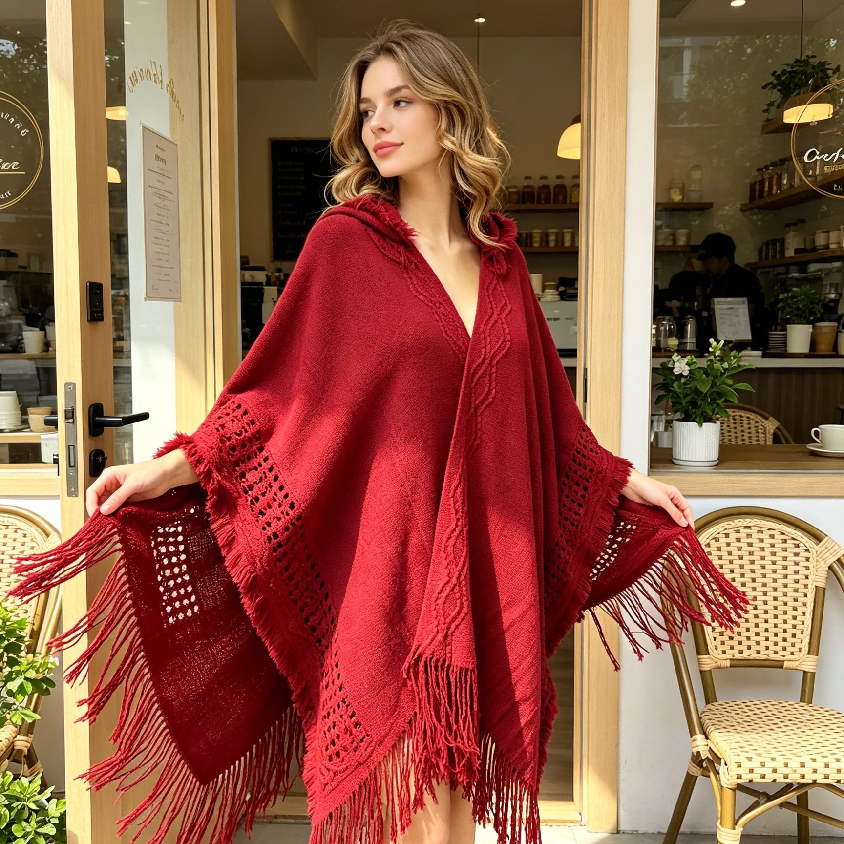 TEMU Plus Size - Red Hooded Cloak, Hoodie, Women's Retro Hollow Hook Flower Outfit, Autumn And Atmosphere Cloak, Gift Giving Dress, Hoodie Outfit,